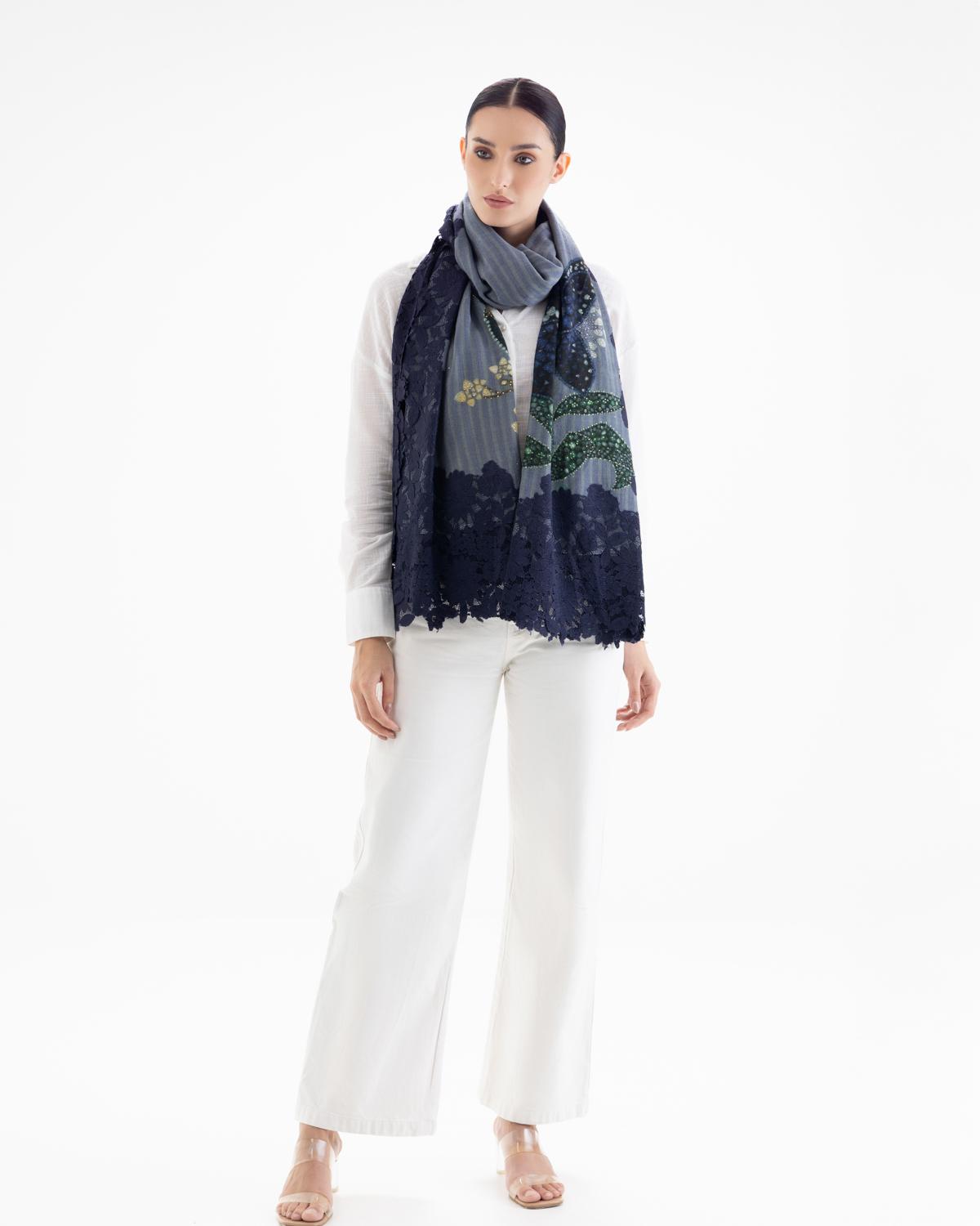 QUEENMARK | AN Assorted Lace Print Crystal Shawl Dark Blue Blue Bird 1