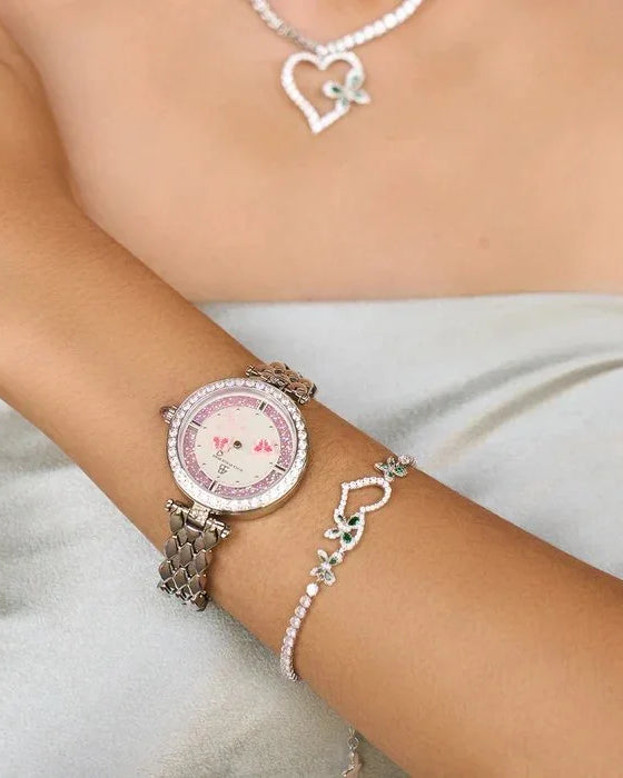 BLACK BY BLUE BRAVE | Butterfly Lovers 34mm Pink Dial Moving Butterfly Hands Silver Bracelet Watch