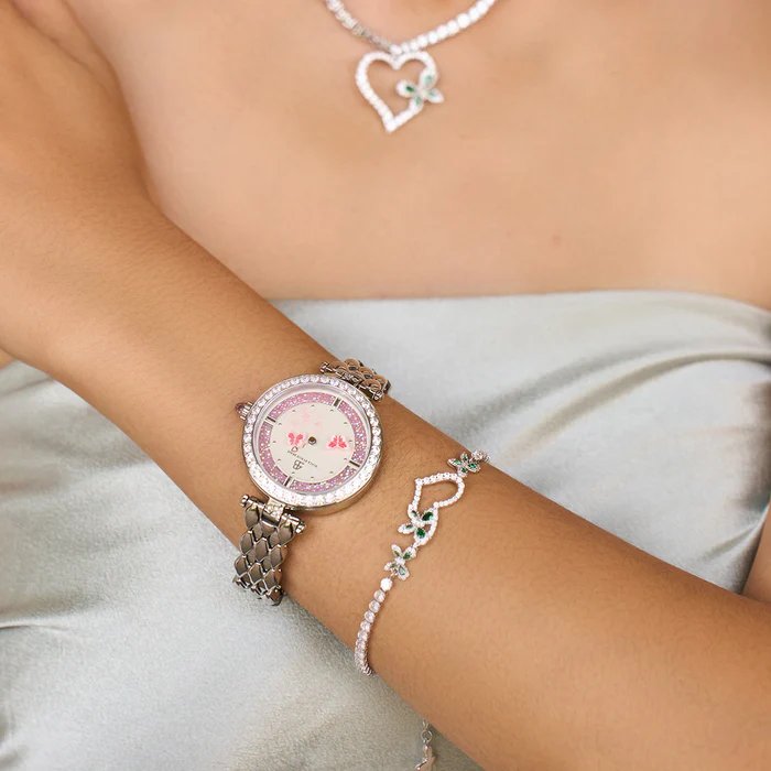 BLACK BY BLUE BRAVE | Butterfly Lovers 34mm Pink Dial Moving Butterfly Hands Silver Bracelet Watch