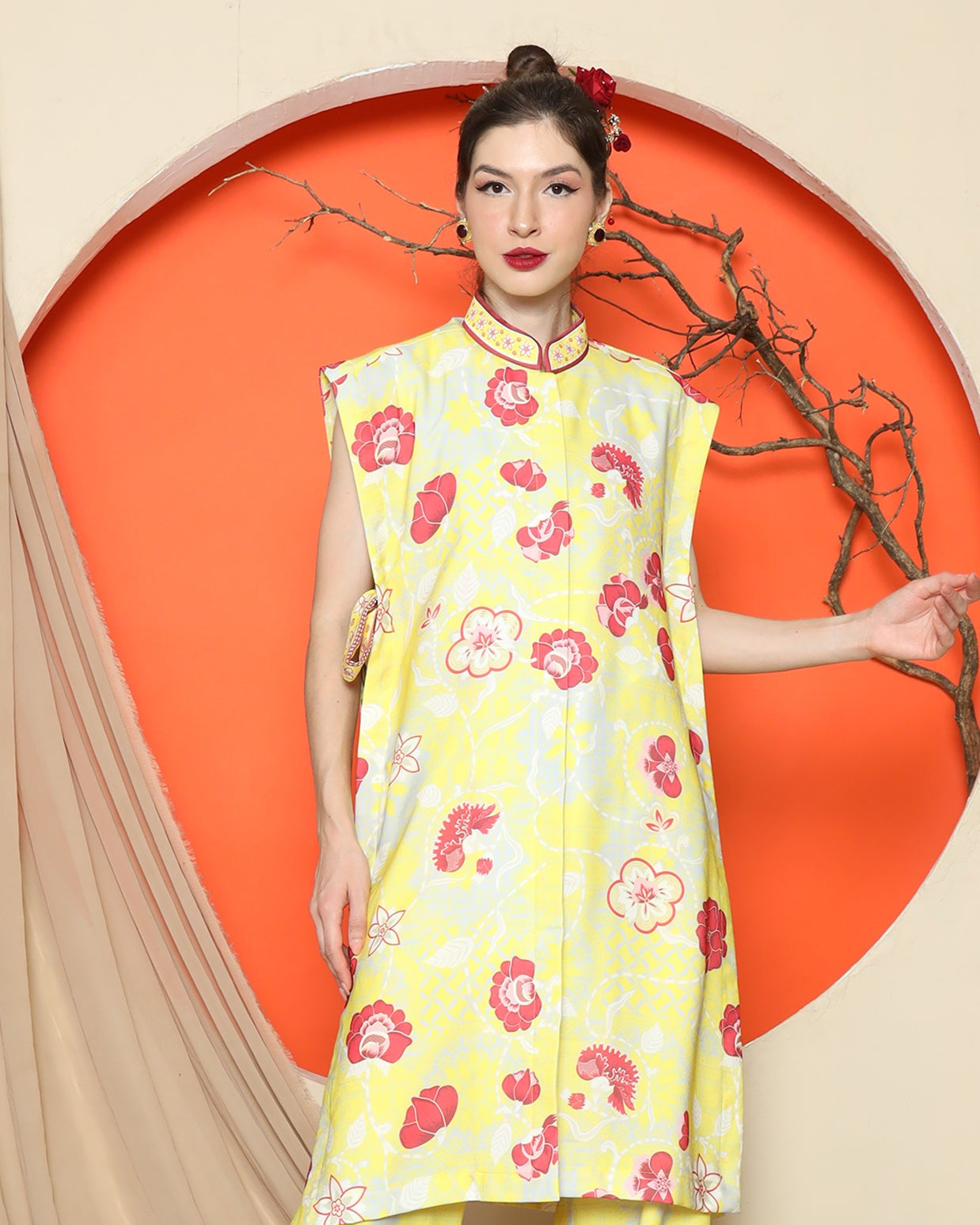 KANZI COLLECTION | Yellow Vest Kimono Jacquard Floral Pant Set