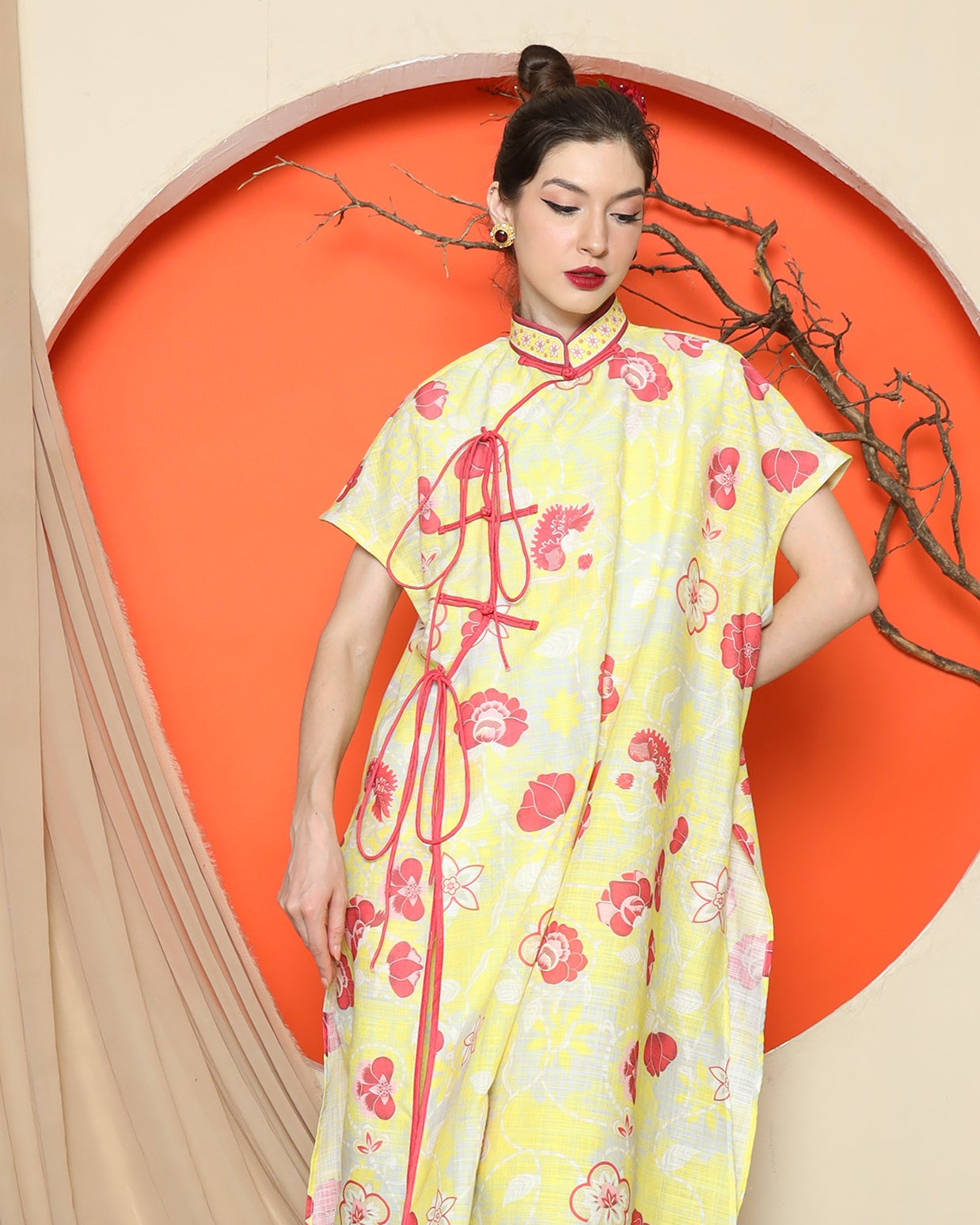 KANZI COLLECTION | Yellow Oriental Floral Cheongsam Pant Set