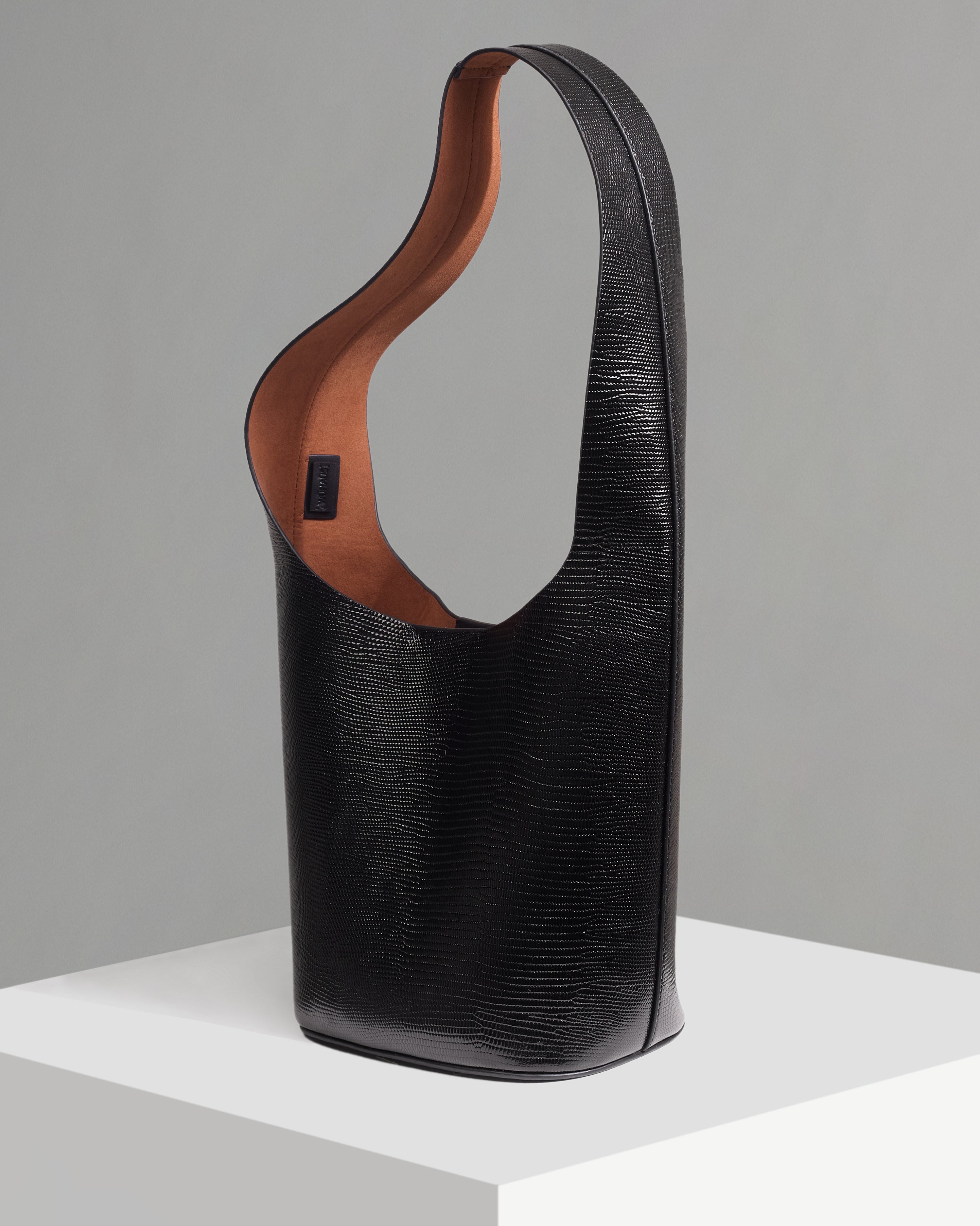 WU HAUS | Vessel Black Lizard Cow Embossed Bucket Bag