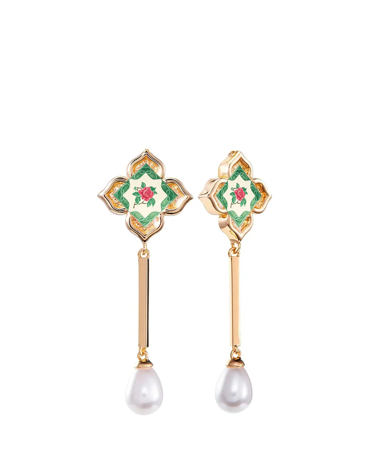 RARE BIRD COLLECTION | Peranakan Floral Pearl Dangle Earrings | Emerald