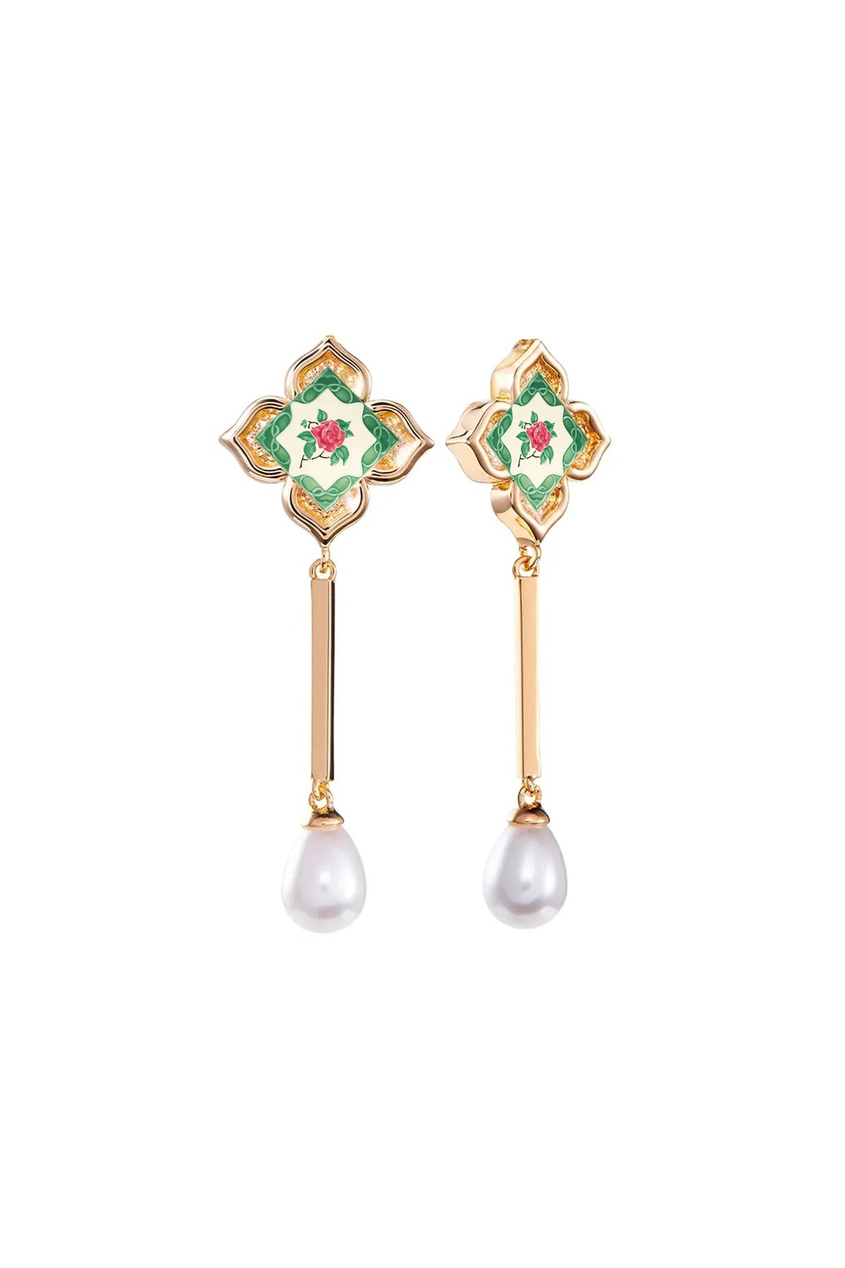 RARE BIRD COLLECTION | Peranakan Floral Pearl Dangle Earrings | Emerald