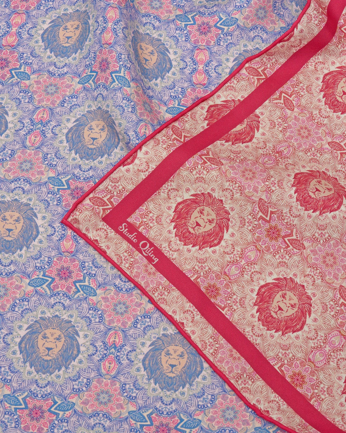 STUDIO QILING | Lion Mandala Rose Blue Double Side Silk Scarf 65