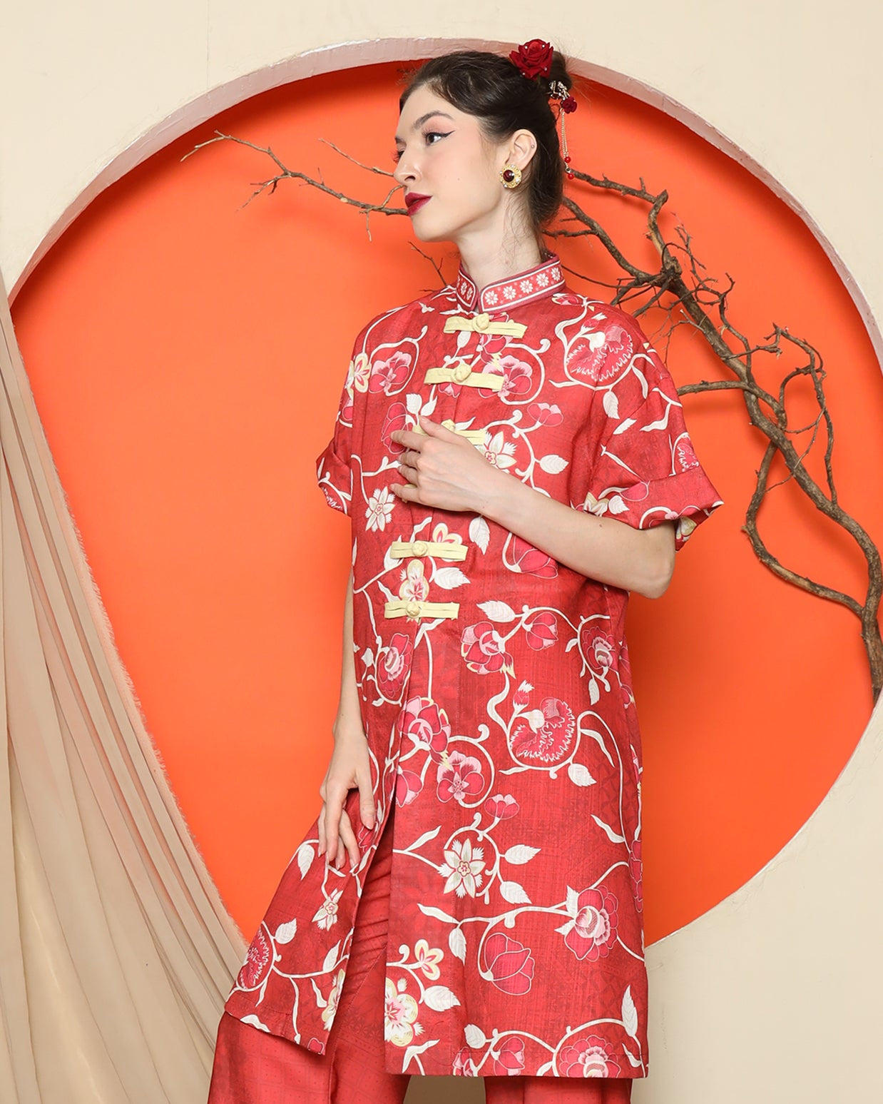 KANZI COLLECTION | Red Floral Cheongsam Pant Set