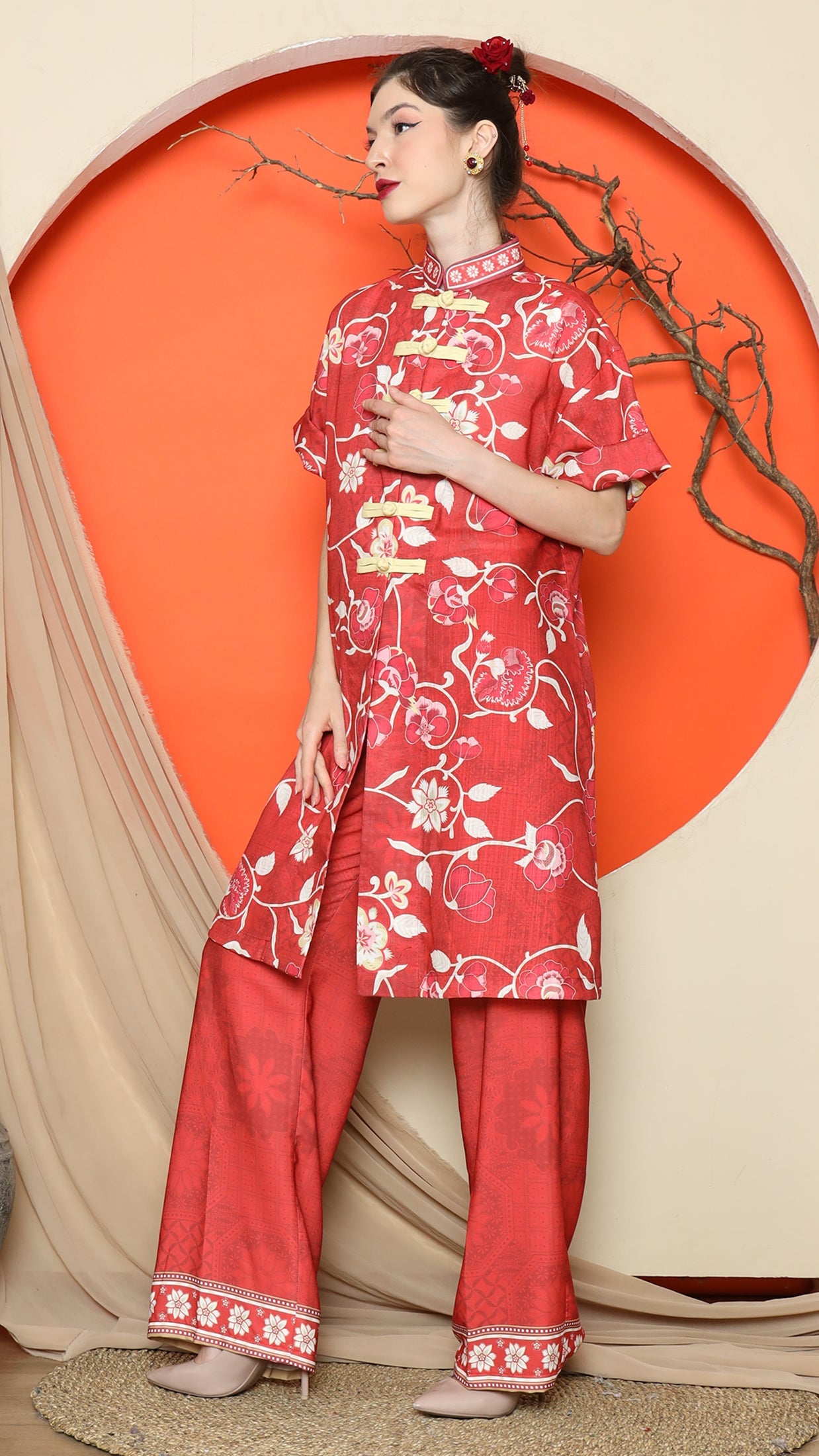 KANZI COLLECTION | Red Floral Cheongsam Pant Set