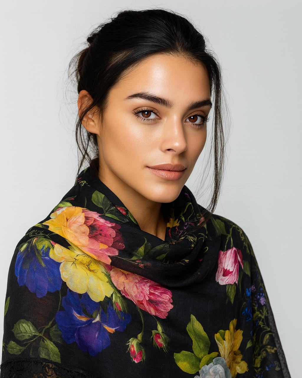 QUEENMARK | AN Printed Shawl 2024 Assorted Black Color Flower