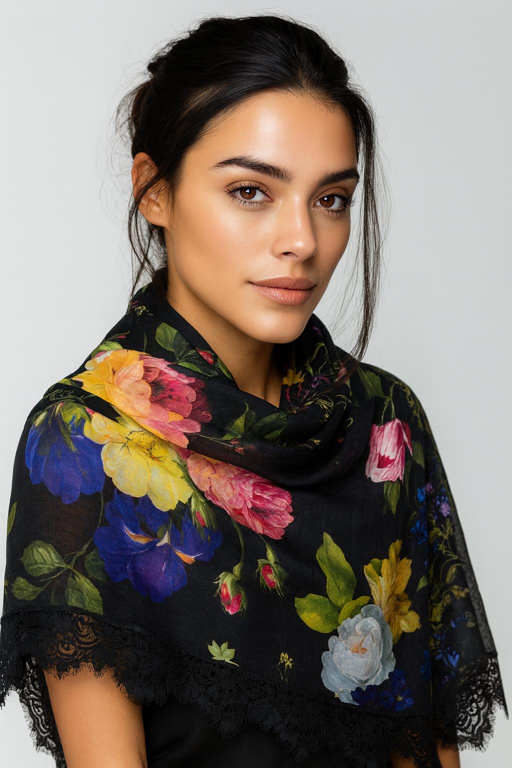 QUEENMARK | AN Printed Shawl 2024 Assorted Black Color Flower