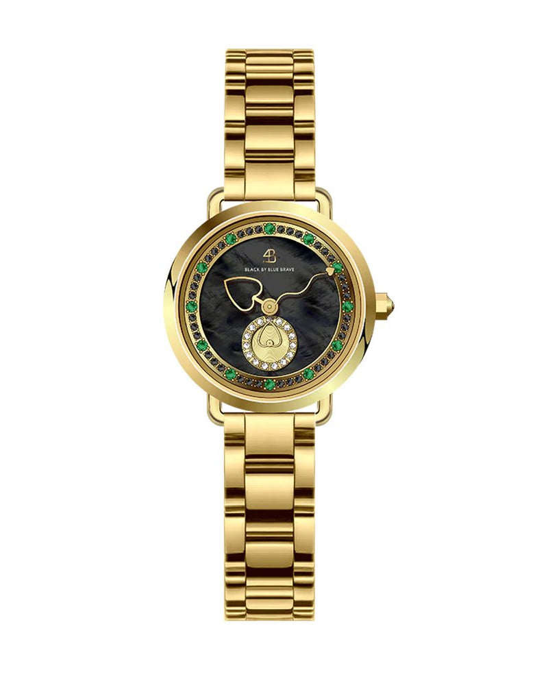 BLACK BY BLUE BRAVE | Cupid 28mm Black Mother Of Pearl Dial Heart Shaped Hands Gold Bracelet Watch
