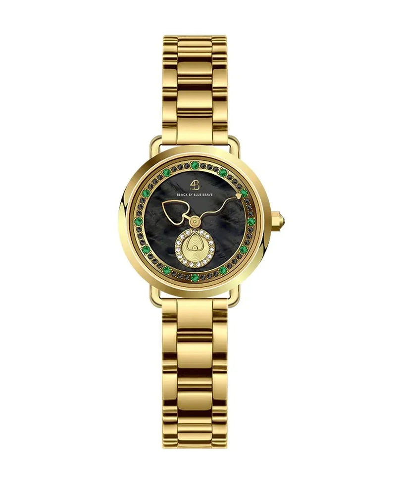 BLACK BY BLUE BRAVE | Cupid 28mm Black Mother Of Pearl Dial Heart Shaped Hands Gold Bracelet Watch