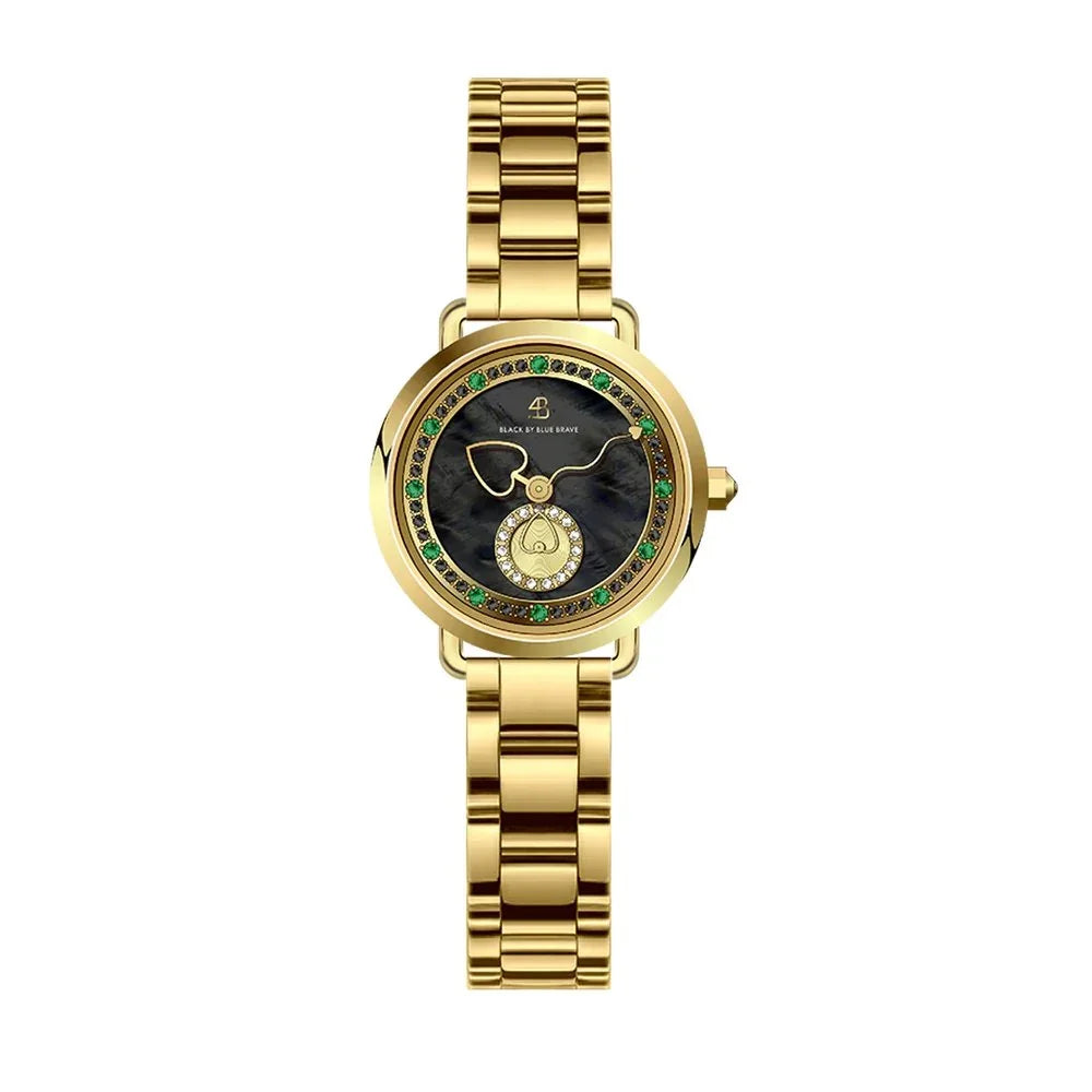 BLACK BY BLUE BRAVE | Cupid 28mm Black Mother Of Pearl Dial Heart Shaped Hands Gold Bracelet Watch