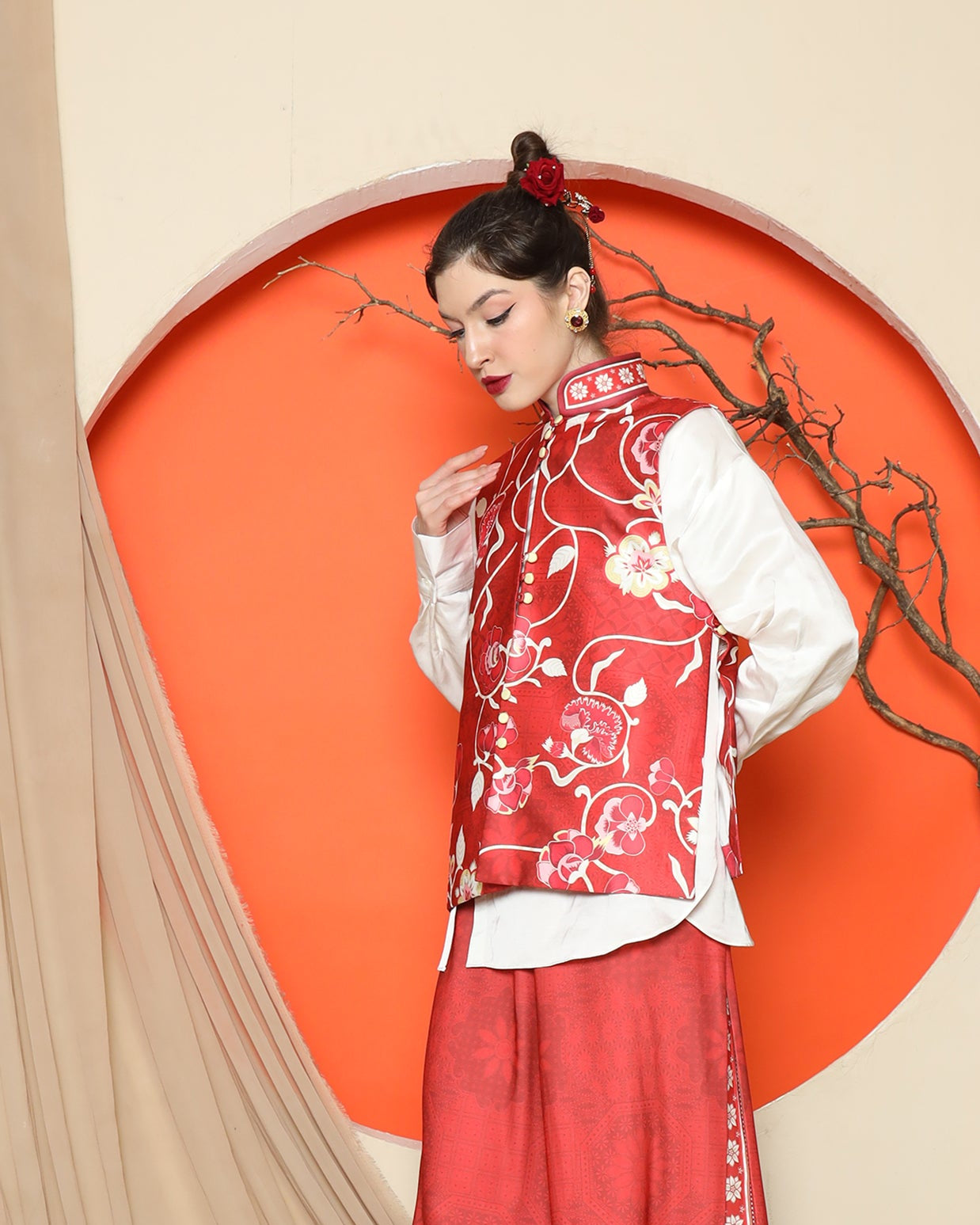 KANZI COLLECTION | Red Floral Side Button Vest With Pants Set