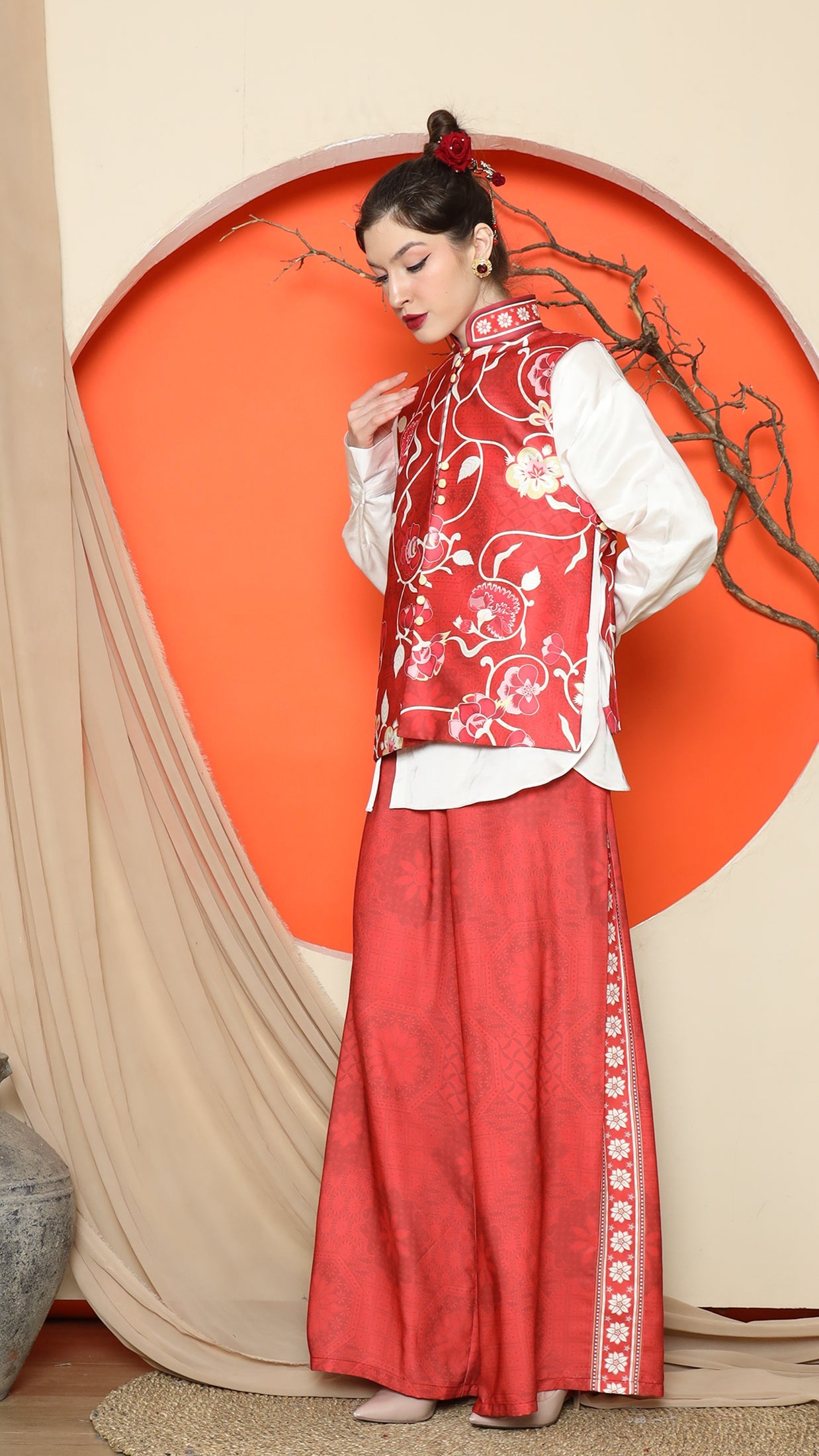 KANZI COLLECTION | Red Floral Side Button Vest With Pants Set