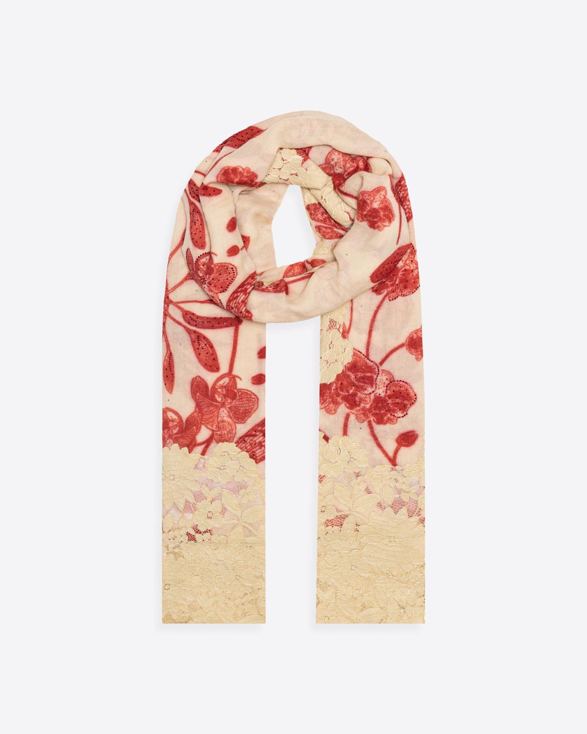QUEENMARK | AN Assorted Lace Print Crystal Shawl Light Beige Red Flower