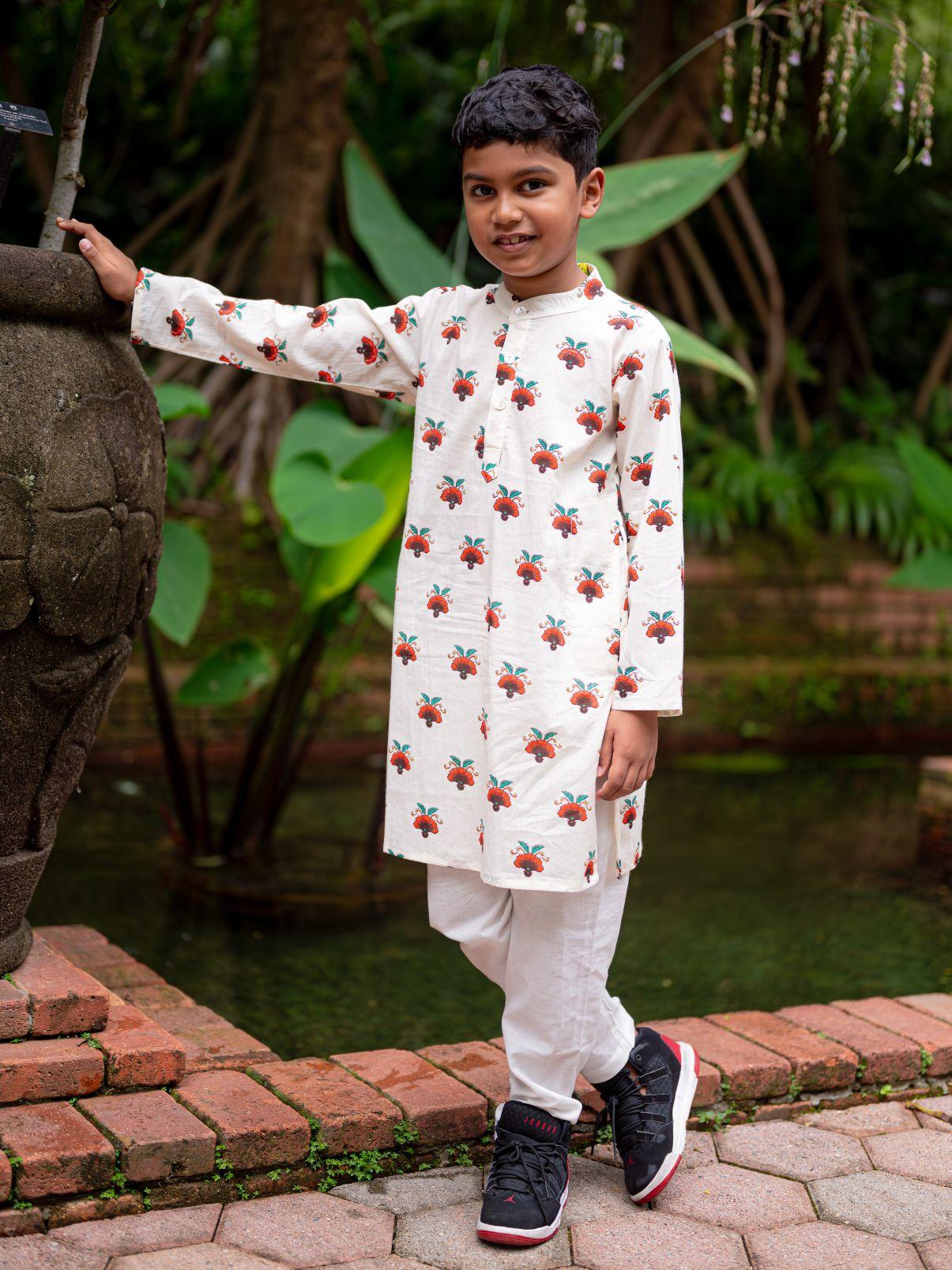 NIMBU | Rosa Boys Cotton Kurta Pajama Set In Off White