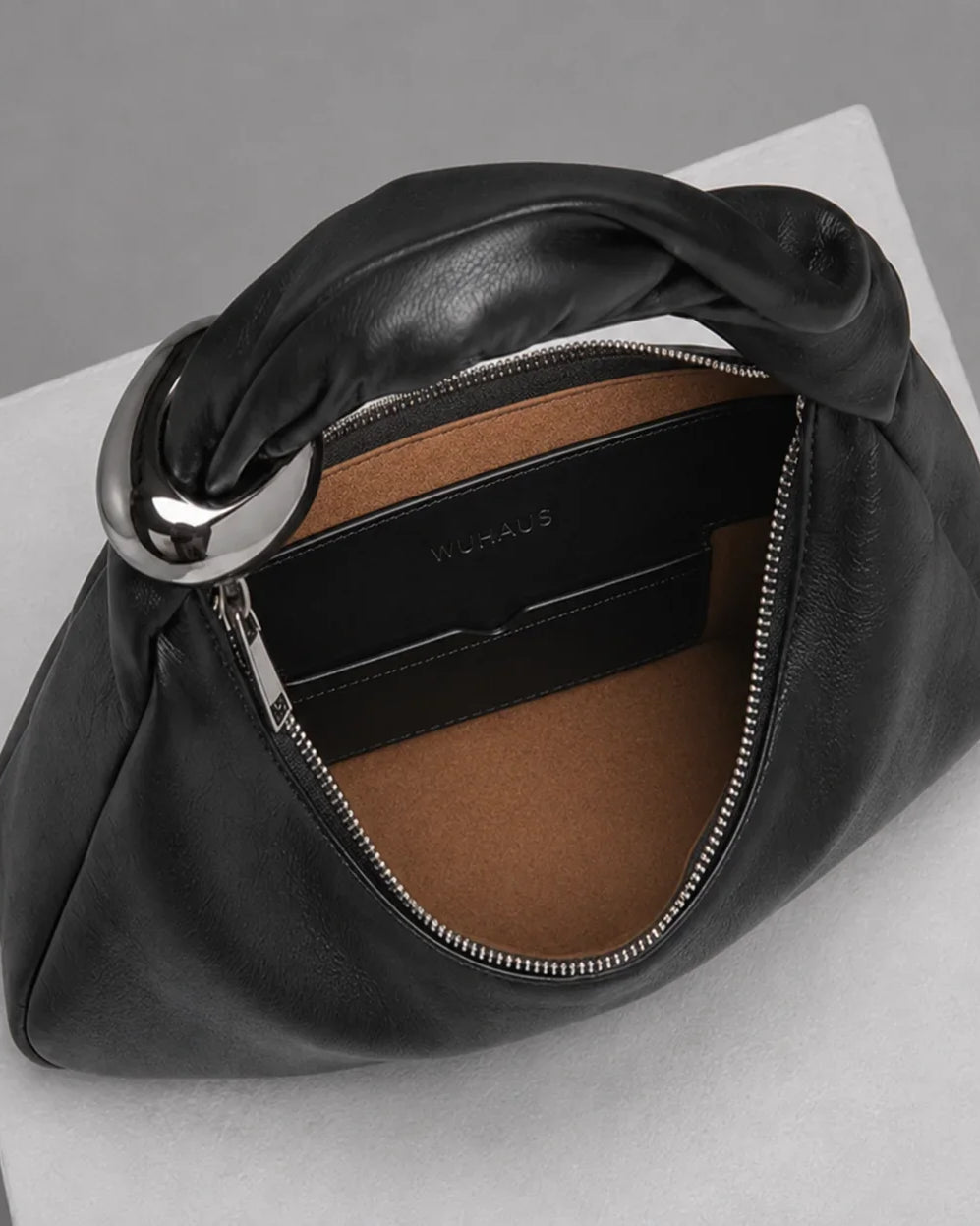 WU HAUS | Orbit Lightweight Black Leather Sculptural Bag