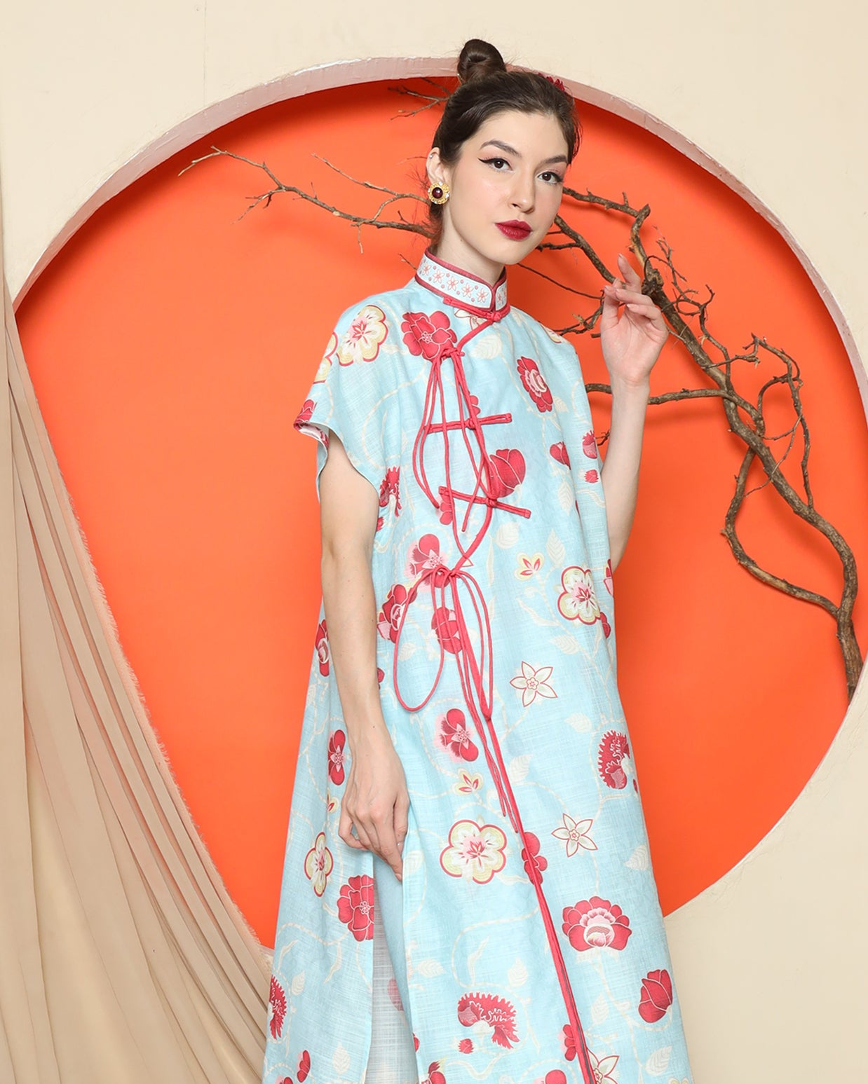 KANZI COLLECTION | Blue Oriental Floral Cheongsam Pant Set