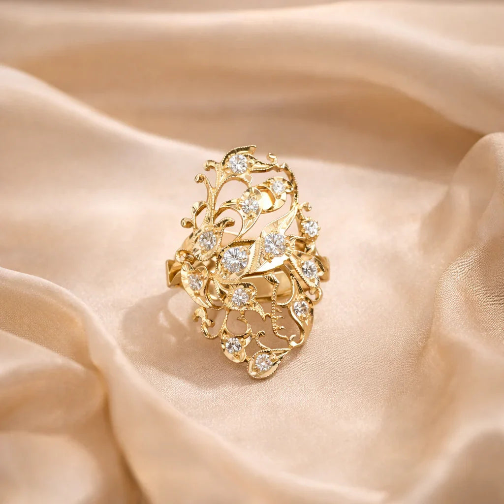 FOUNDATION JEWELLERS | 750 Y/G Peranakan Natural Diamond Ring "Bird" 4.70gm D13-0.49ct (Size:13.5)