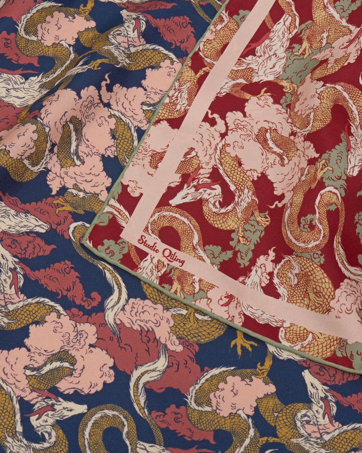 STUDIO QILING | Dragon Scarlet Indigo Double Side Silk Scarf 65