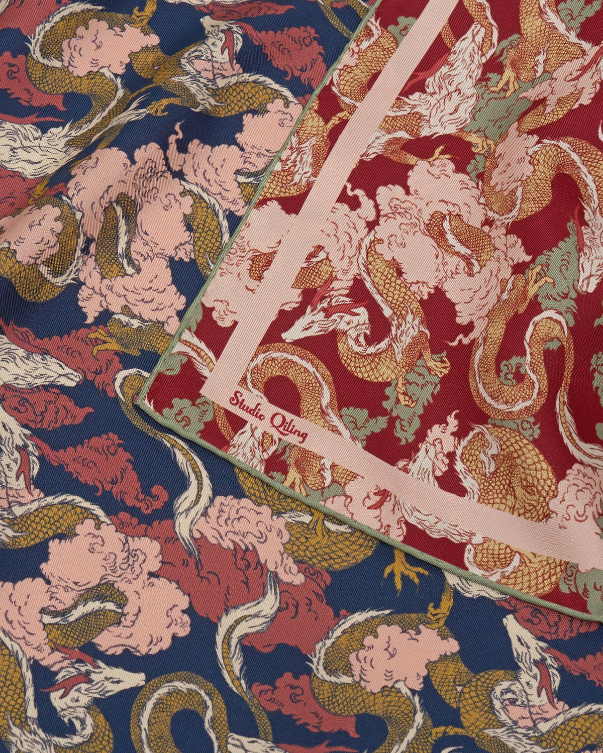 STUDIO QILING | Dragon Scarlet Indigo Double Side Silk Scarf 65