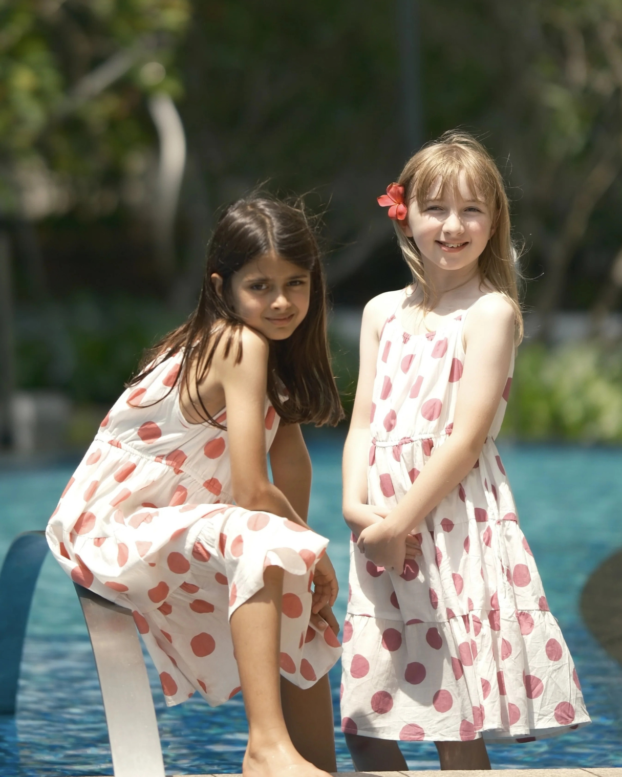 NIMBU | Sasha Coral Polka Girls Long Dress in Cotton