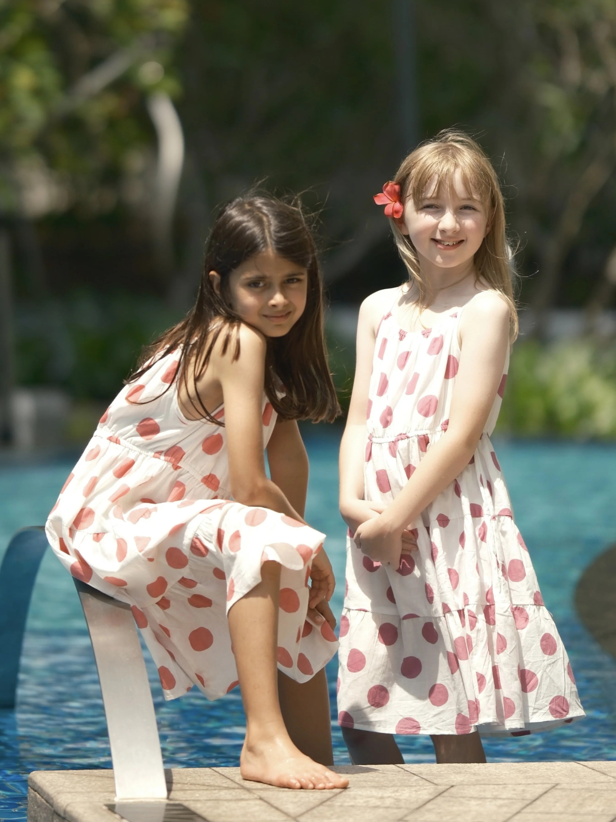 NIMBU | Sasha Coral Polka Girls Long Dress in Cotton