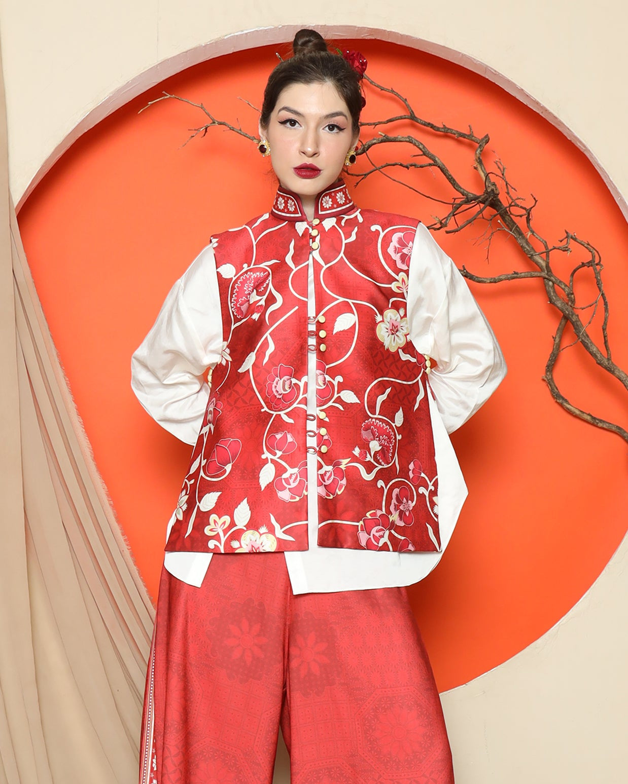 KANZI COLLECTION | Red Floral Side Button Vest With Pants Set