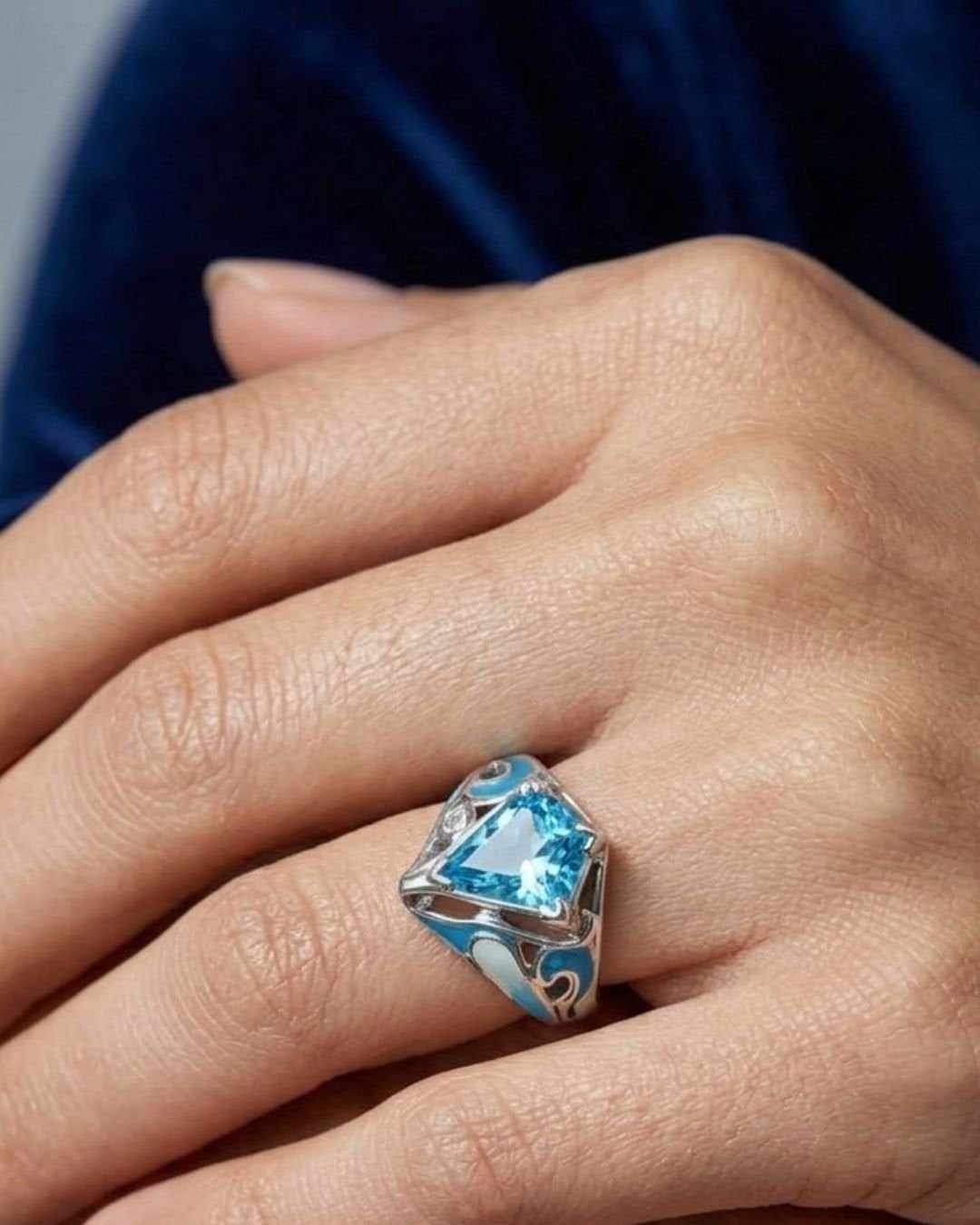 CREATIVE JEWELLERY STUDIO | Blue Topaz & Green Enamel, Rhodium Plated Silver Ring | Blissadora