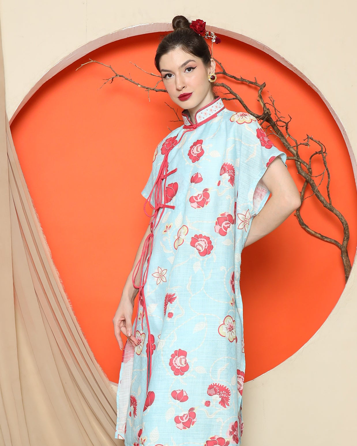 KANZI COLLECTION | Blue Oriental Floral Cheongsam Pant Set