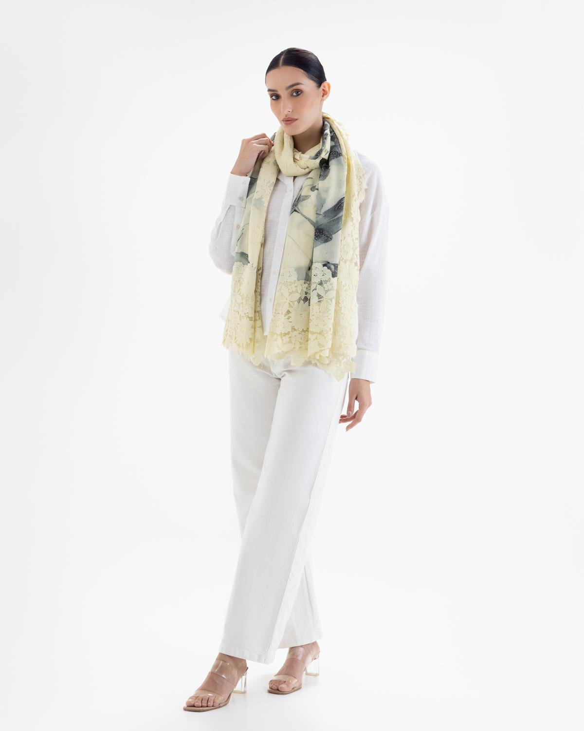 QUEENMARK | AN Assorted Lace Print Crystal Shawl Ivory Dark Green Flower