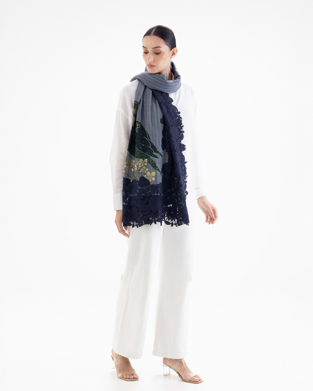 QUEENMARK | AN Assorted Lace Print Crystal Shawl Dark Blue Blue Bird 1