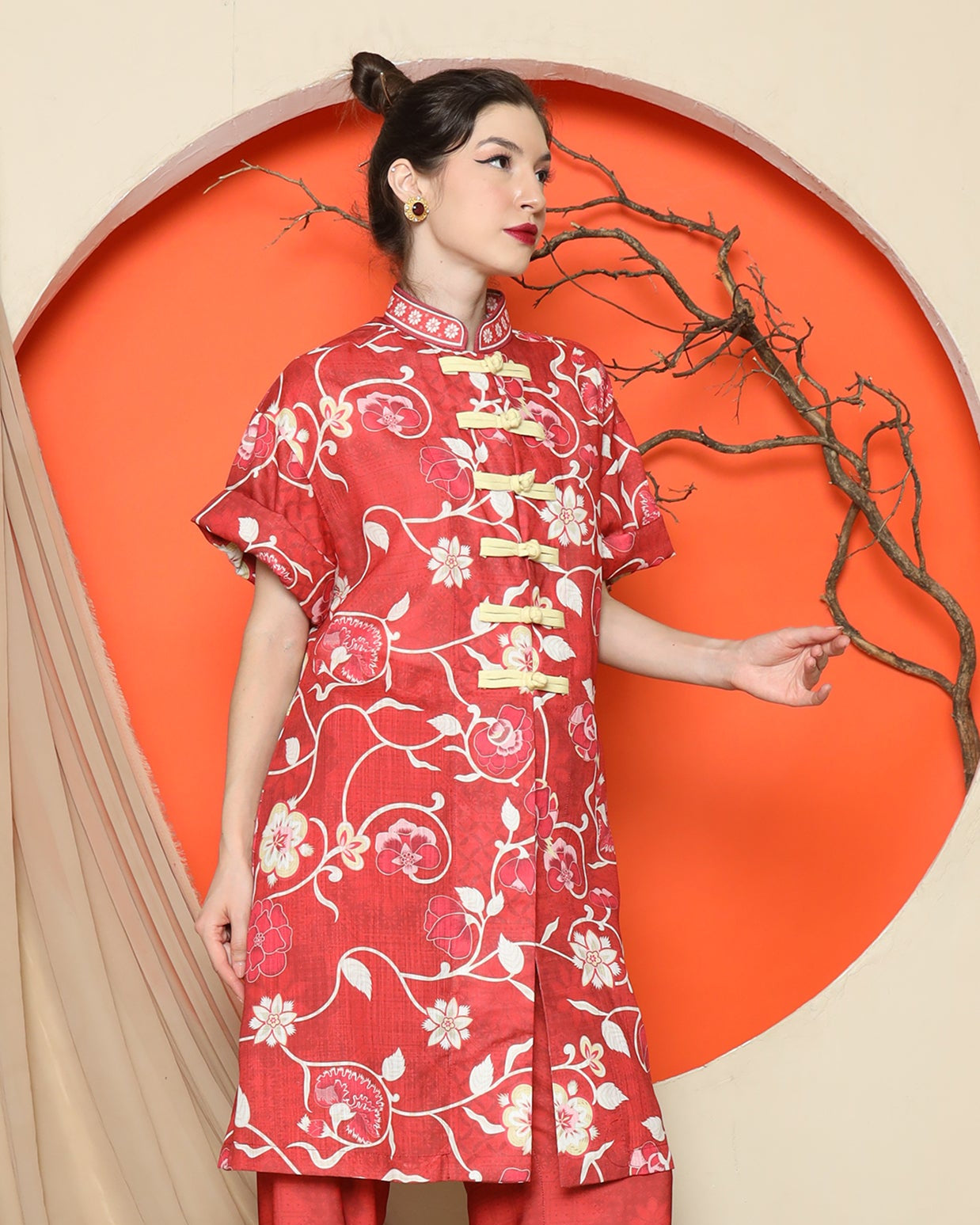 KANZI COLLECTION | Red Floral Cheongsam Pant Set