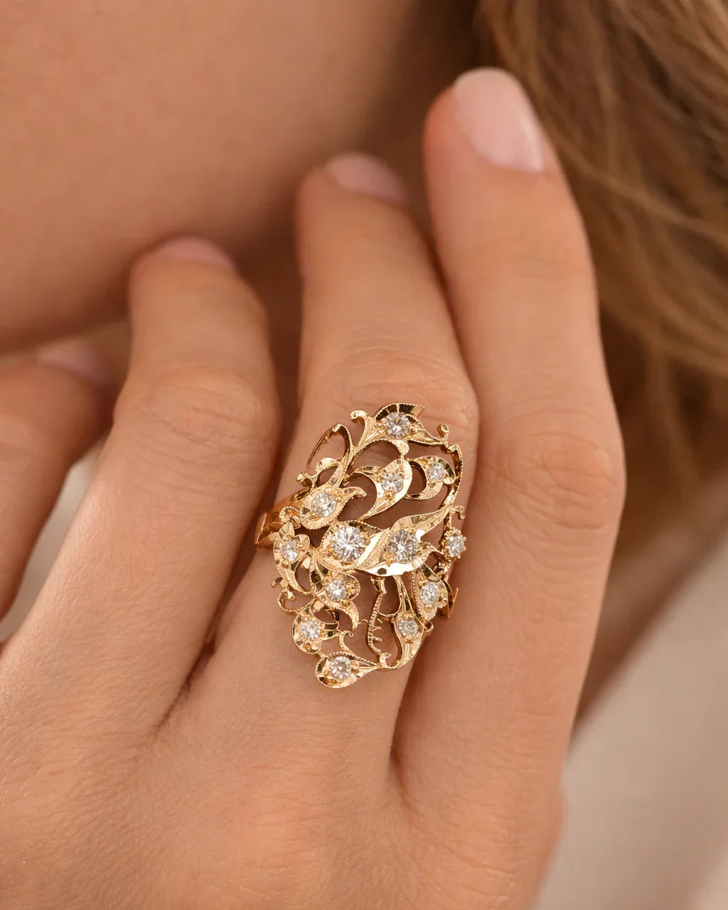 FOUNDATION JEWELLERS | 750 Y/G Peranakan Natural Diamond Ring "Bird" 4.70gm D13-0.49ct (Size:13.5)
