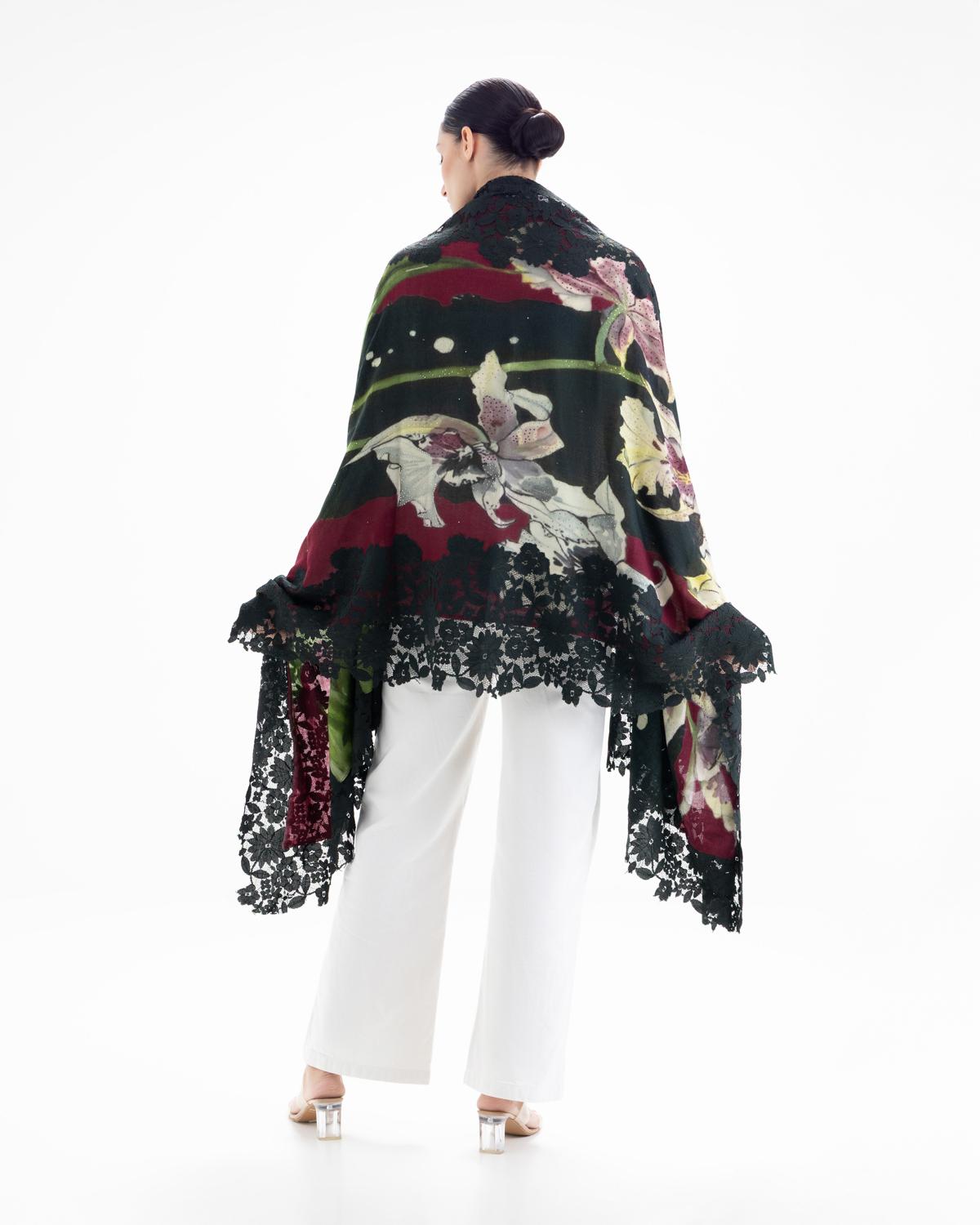 QUEENMARK | AN Assorted Lace Print Crystal Shawl Dark Green Green 1