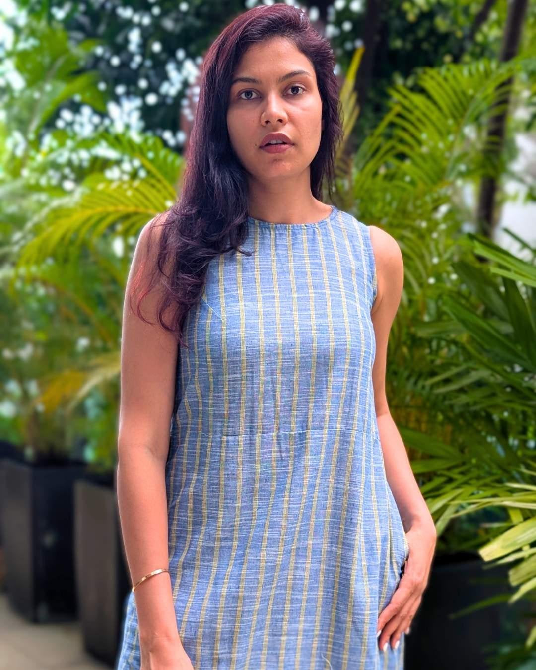 NIMBU | Luna Slit Women's Dress In Blue Yellow Stripes