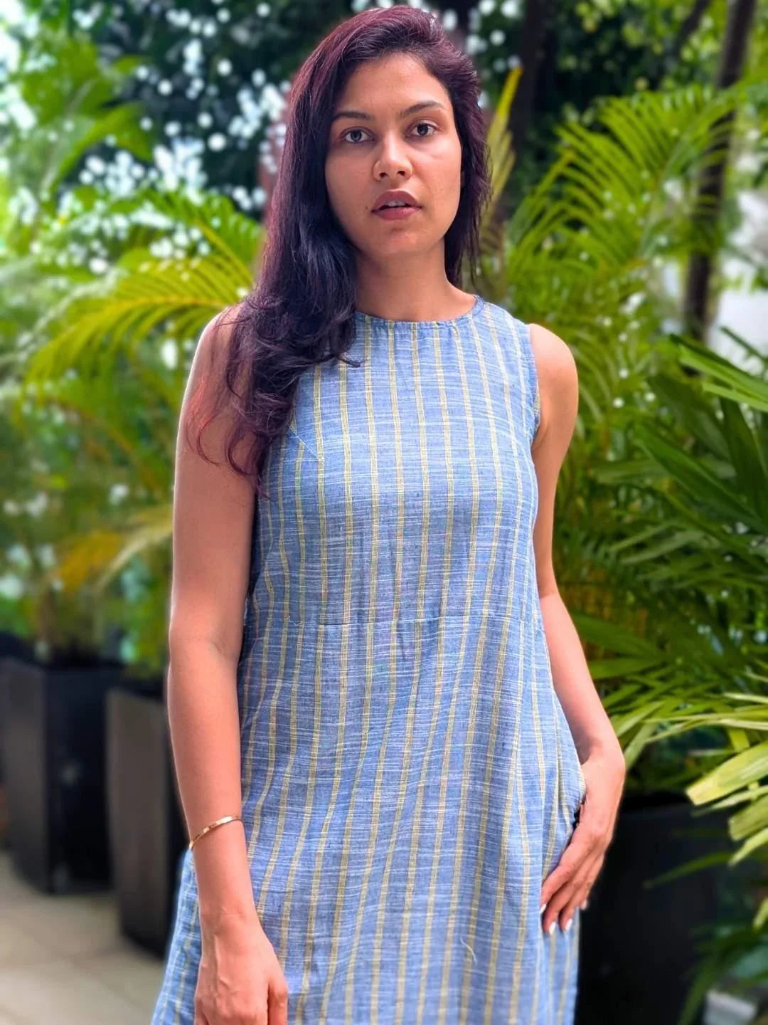 NIMBU | Luna Slit Women's Dress In Blue Yellow Stripes