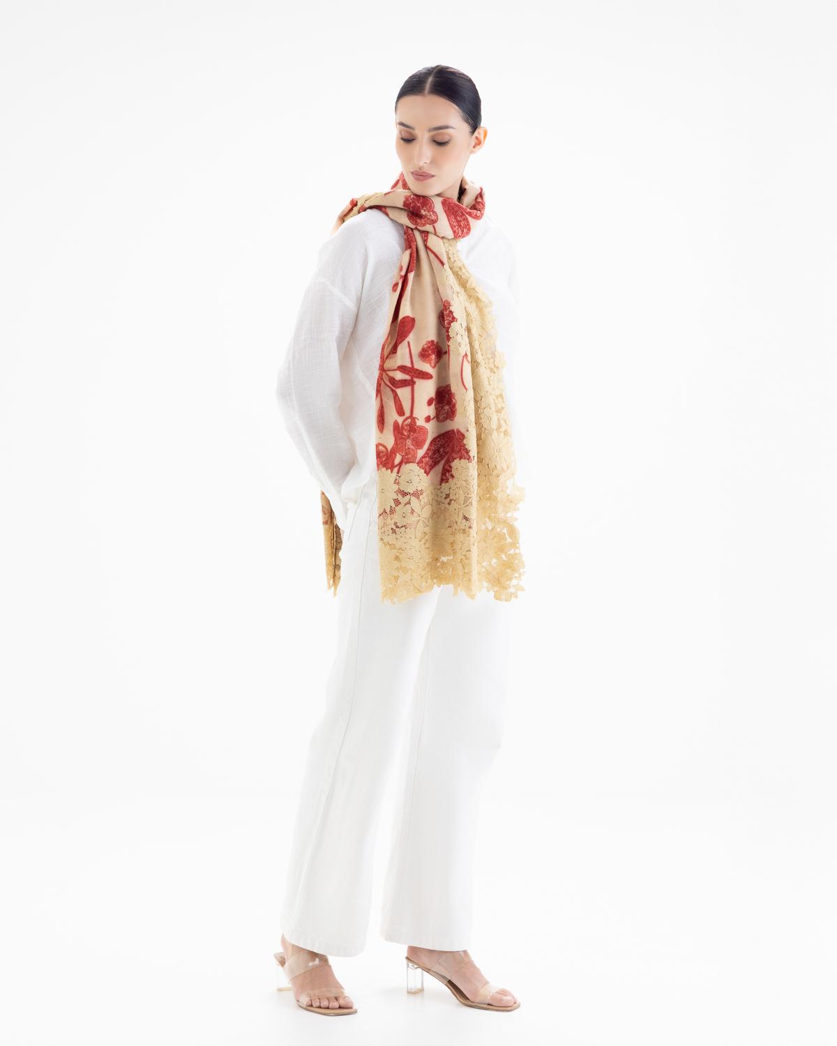 QUEENMARK | AN Assorted Lace Print Crystal Shawl Light Beige Red Flower