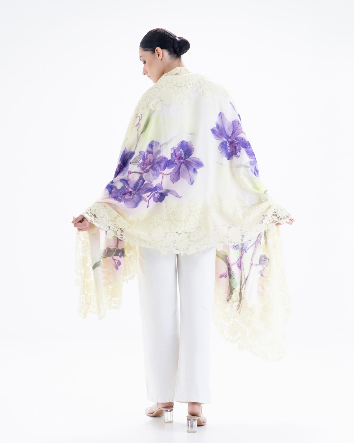 QUEENMARK | AN Assorted Lace Print Crystal Shawl Ivory Purple Flower