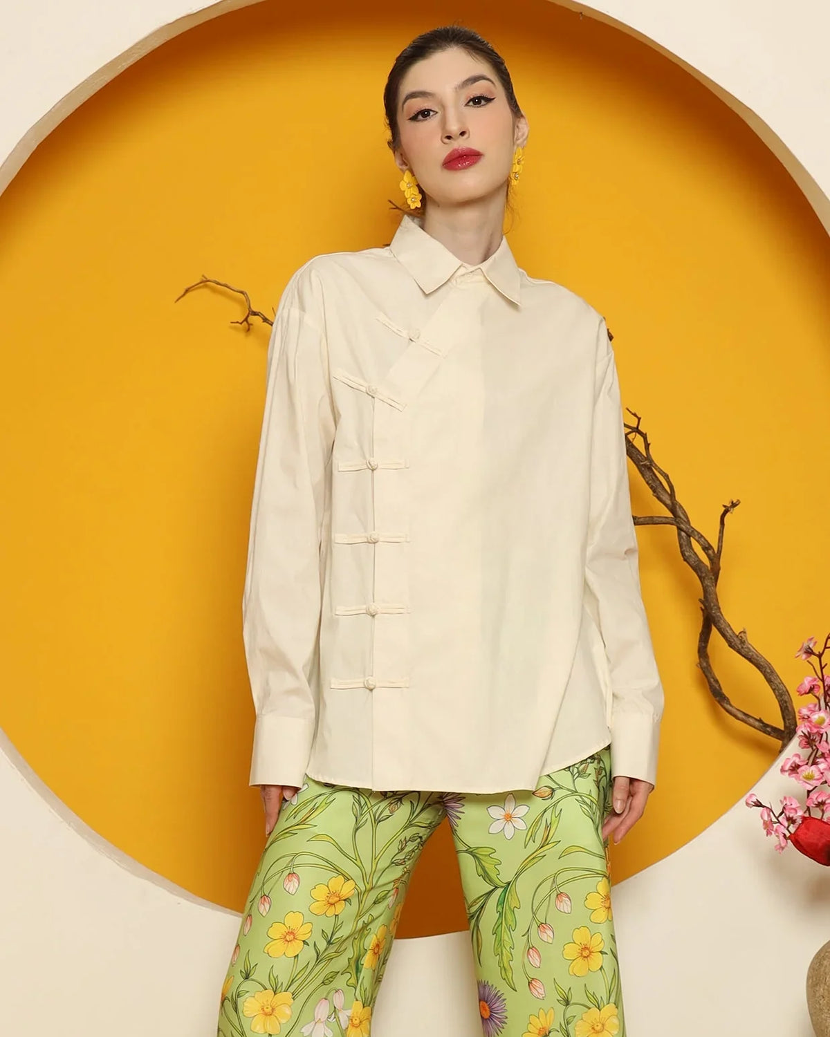 KANZI COLLECTION | Cheongsam Shirt With Green Flower Pants Set