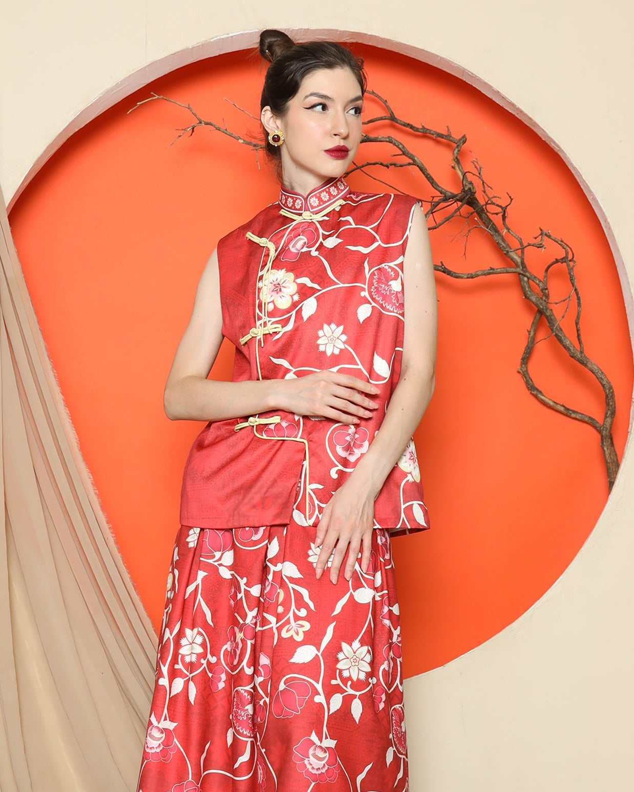 KANZI COLLECTION | Red Cheongsam Floral Vest With Floral Skirt