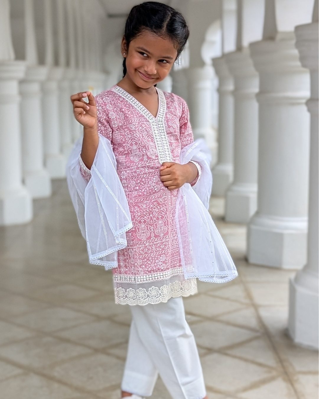 NIMBU | Ira Pink Rose Girls Kurti With Pants Set In Cotton