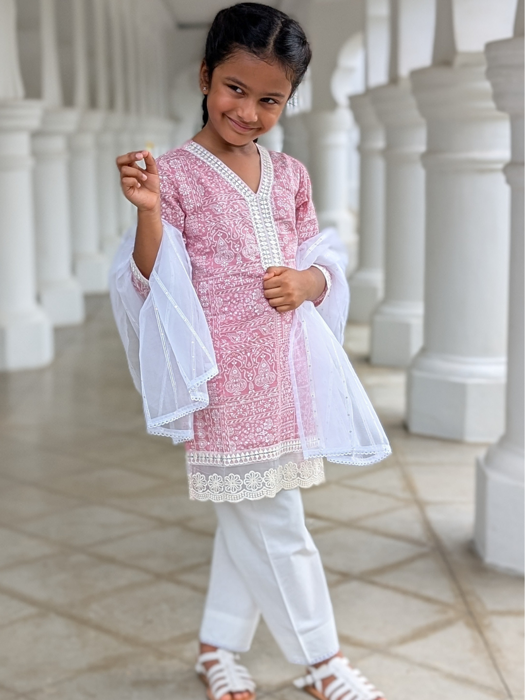 NIMBU | Ira Pink Rose Girls Kurti With Pants Set In Cotton