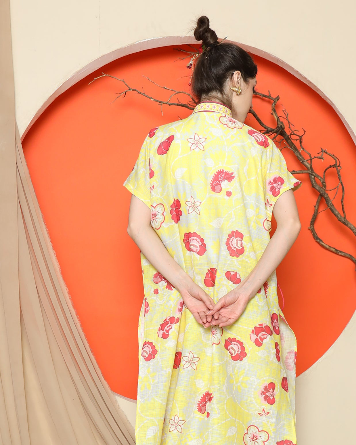 KANZI COLLECTION | Yellow Oriental Floral Cheongsam Pant Set