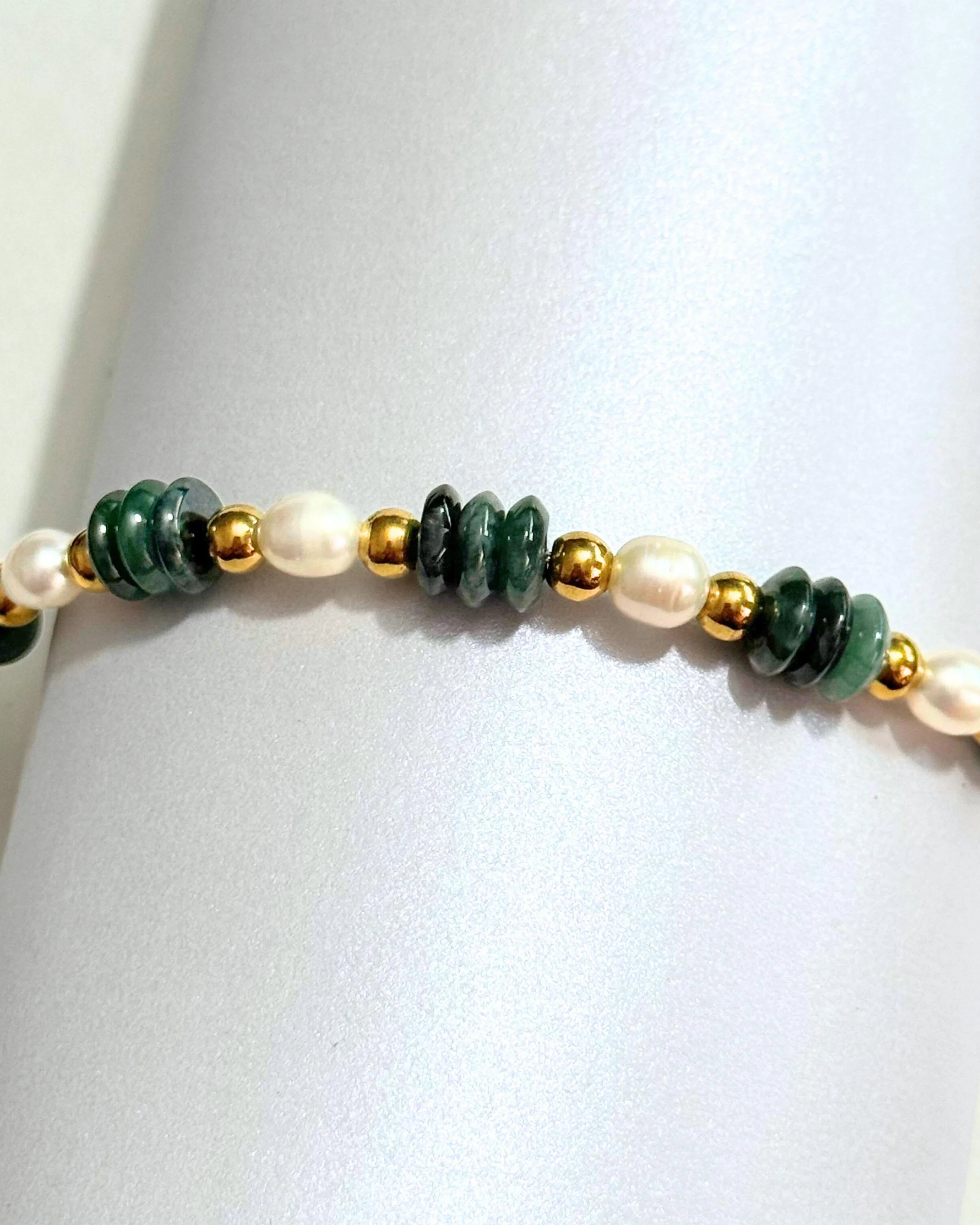 THE ANTECEDENT STORE | B - Dark Green Disc Burmese Jade With Pearl Bracelet