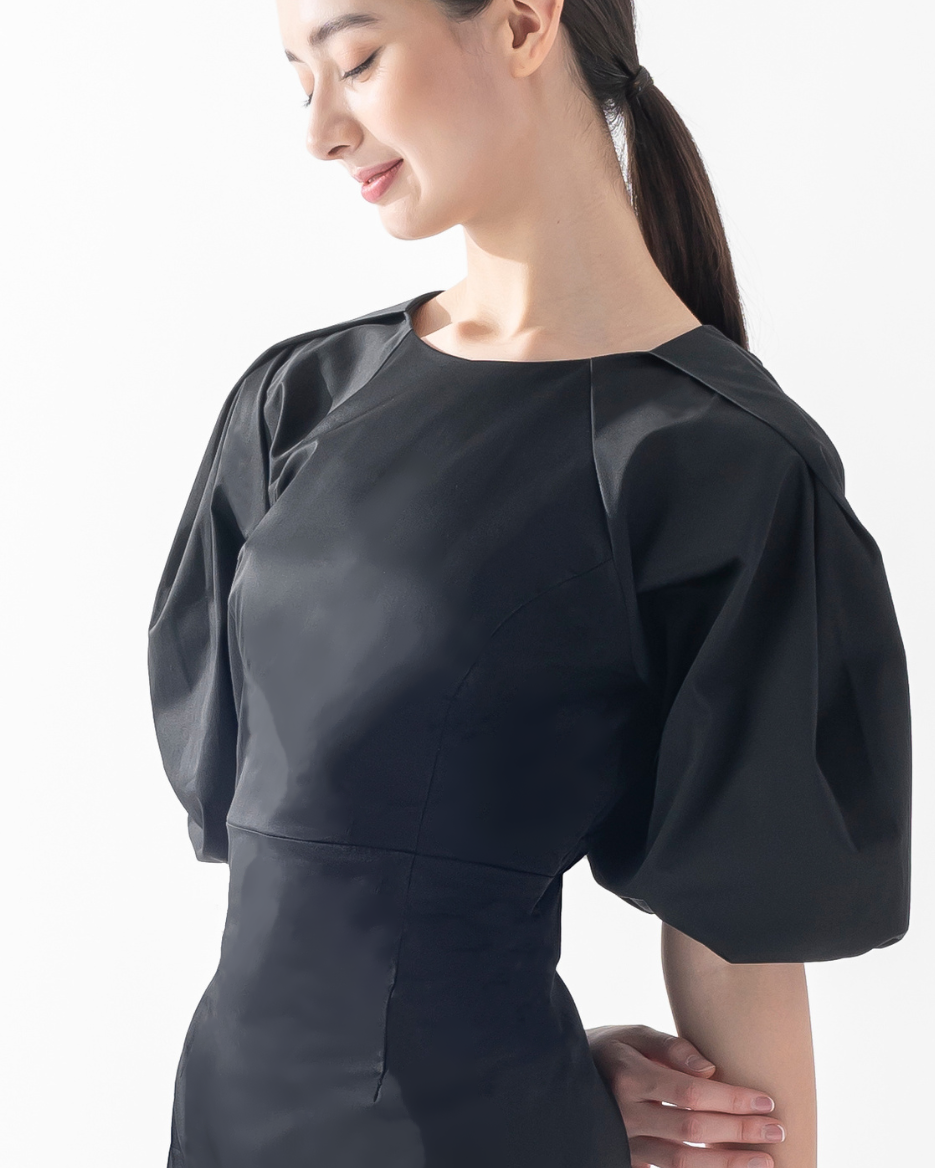 CAELI ECO LUXE | Puff Sleeve Open Back Dress Black