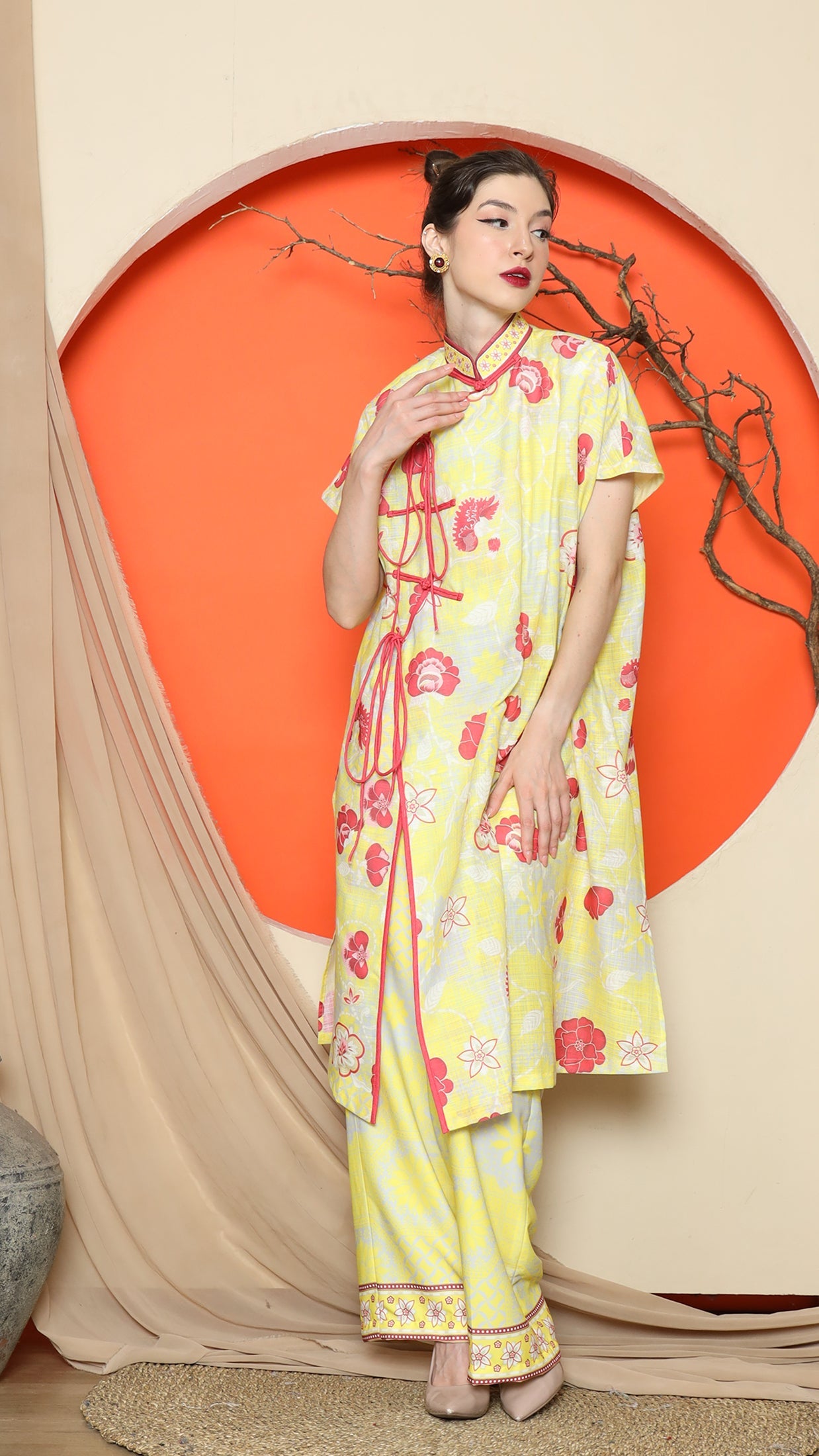 KANZI COLLECTION | Yellow Oriental Floral Cheongsam Pant Set