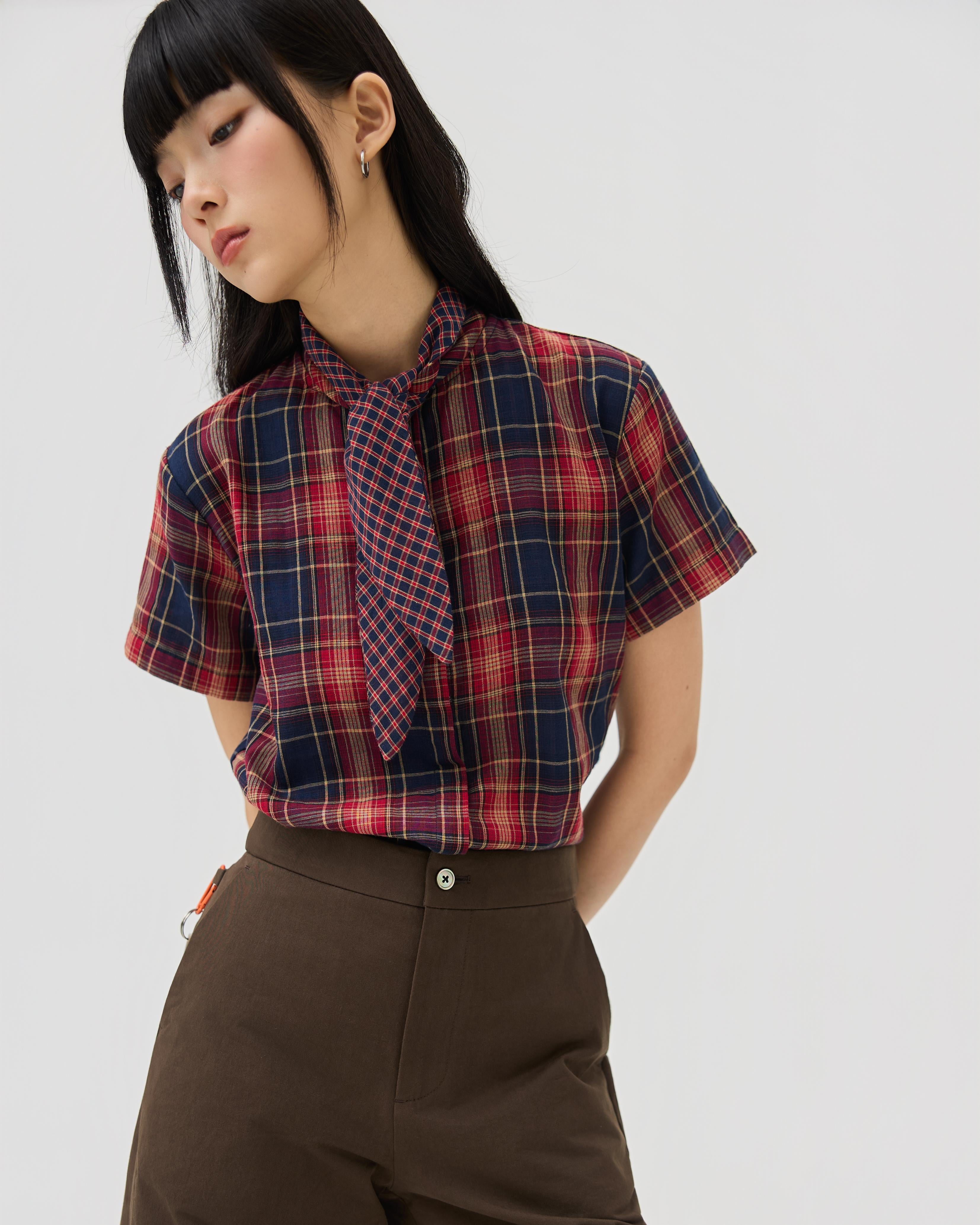 3EIGHTH | Nimai 2-Way Scarf Top In Red Tartan Gauze