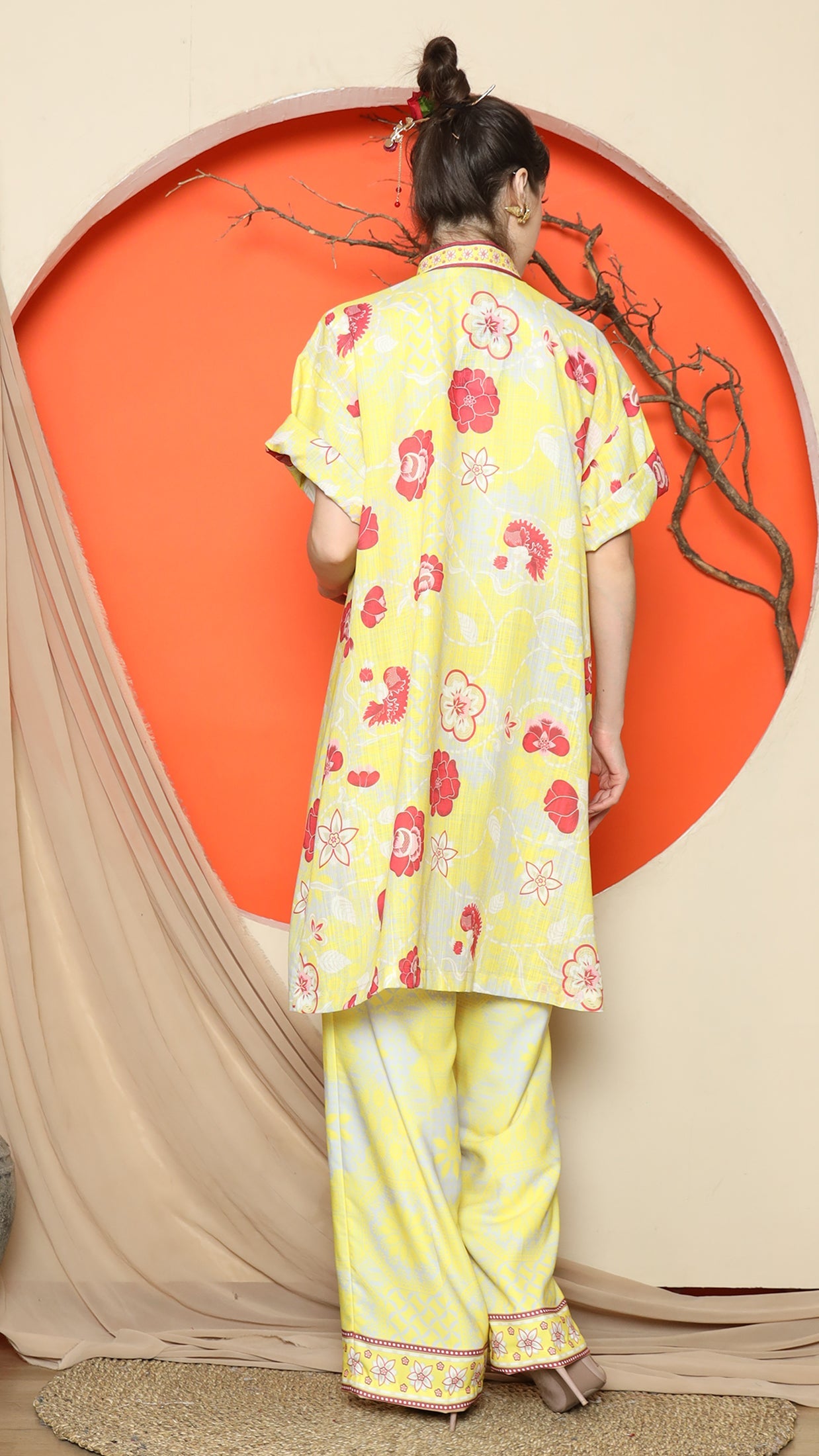 KANZI COLLECTION | Yellow Floral Cheongsam Pant Set
