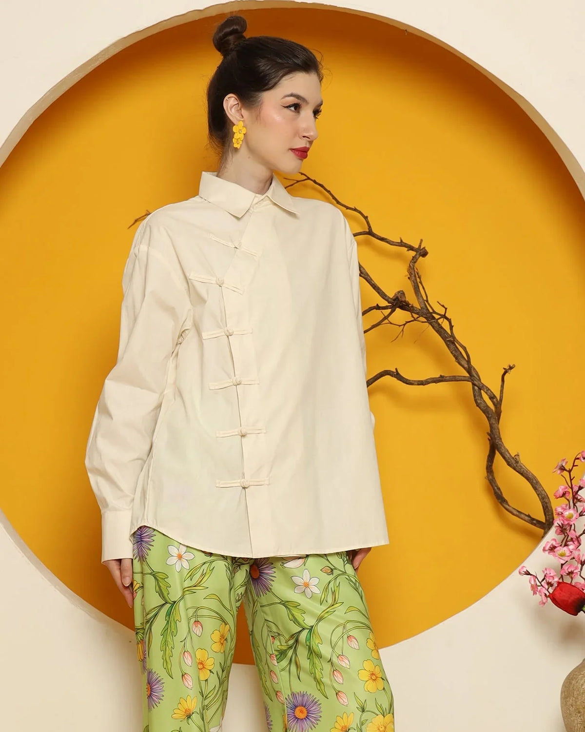 KANZI COLLECTION | Cheongsam Shirt With Green Flower Pants Set
